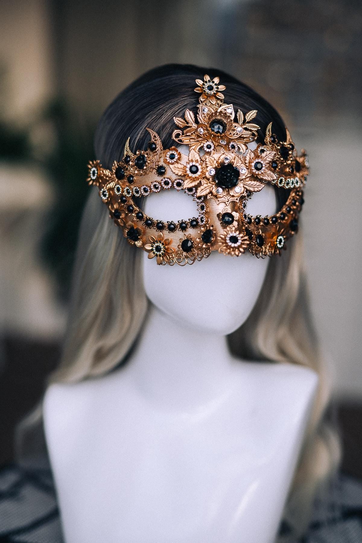 Gold Masquerade Mask with Black Jewels, Baroque Venetian Style