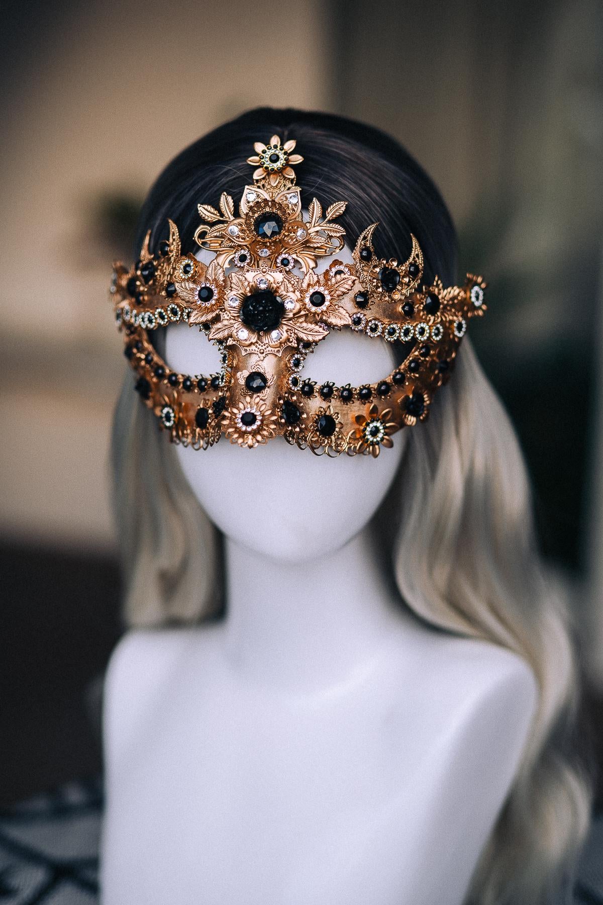 Gold Masquerade Mask with Black Jewels, Baroque Venetian Style