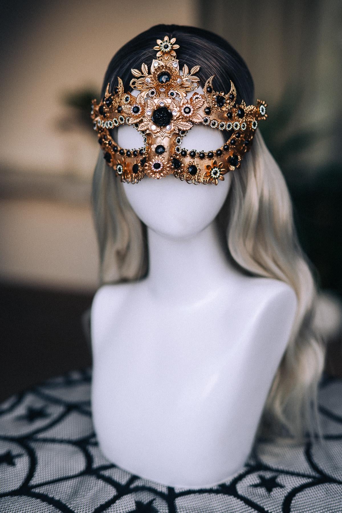 Gold Masquerade Mask with Black Jewels, Baroque Venetian Style