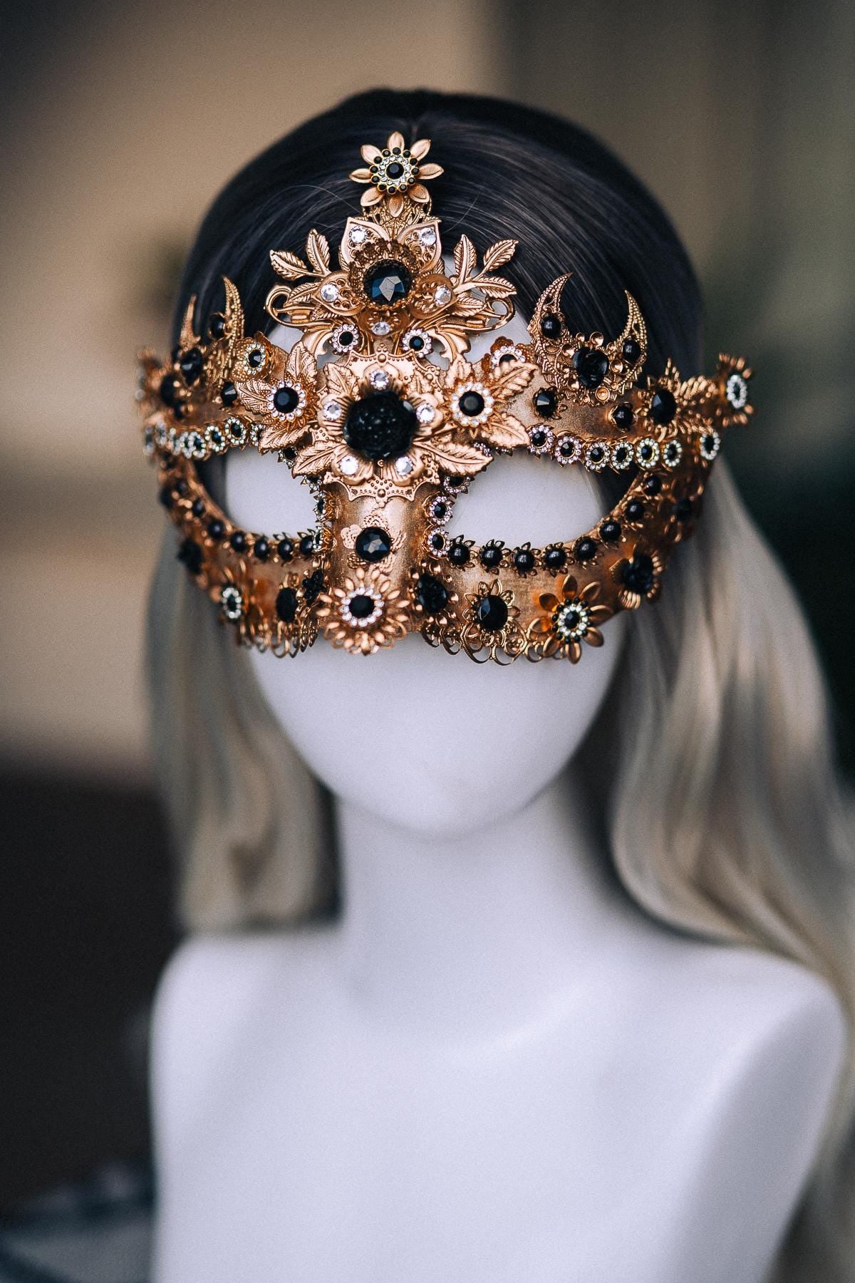 Gold Masquerade Mask with Black Jewels, Baroque Venetian Style