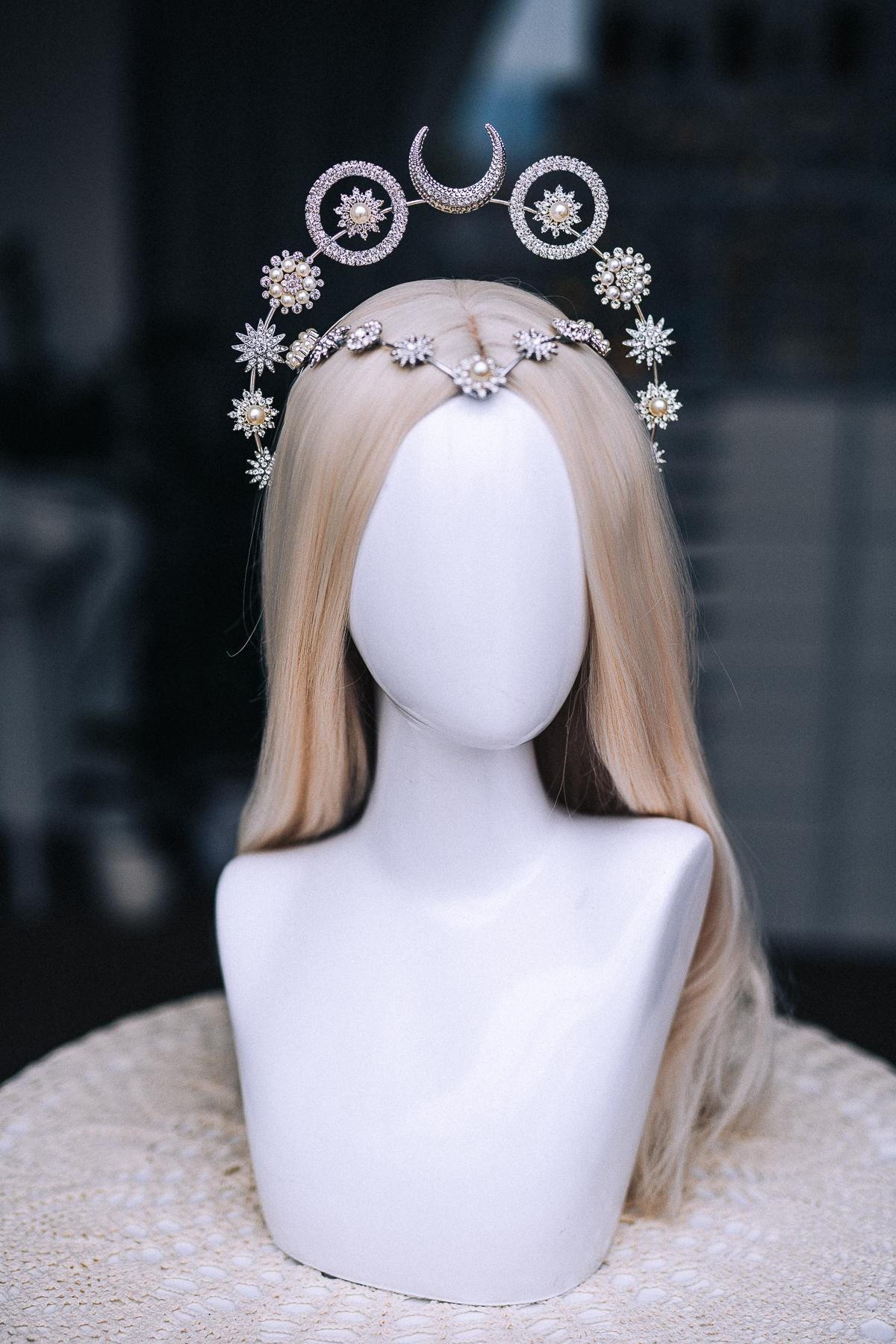 Silver Moon Halo Crown, Celestial Goddess Headpiece, Crystal Star Crown, Pearl Lunar Tiara, Celestial Wedding Headpiece