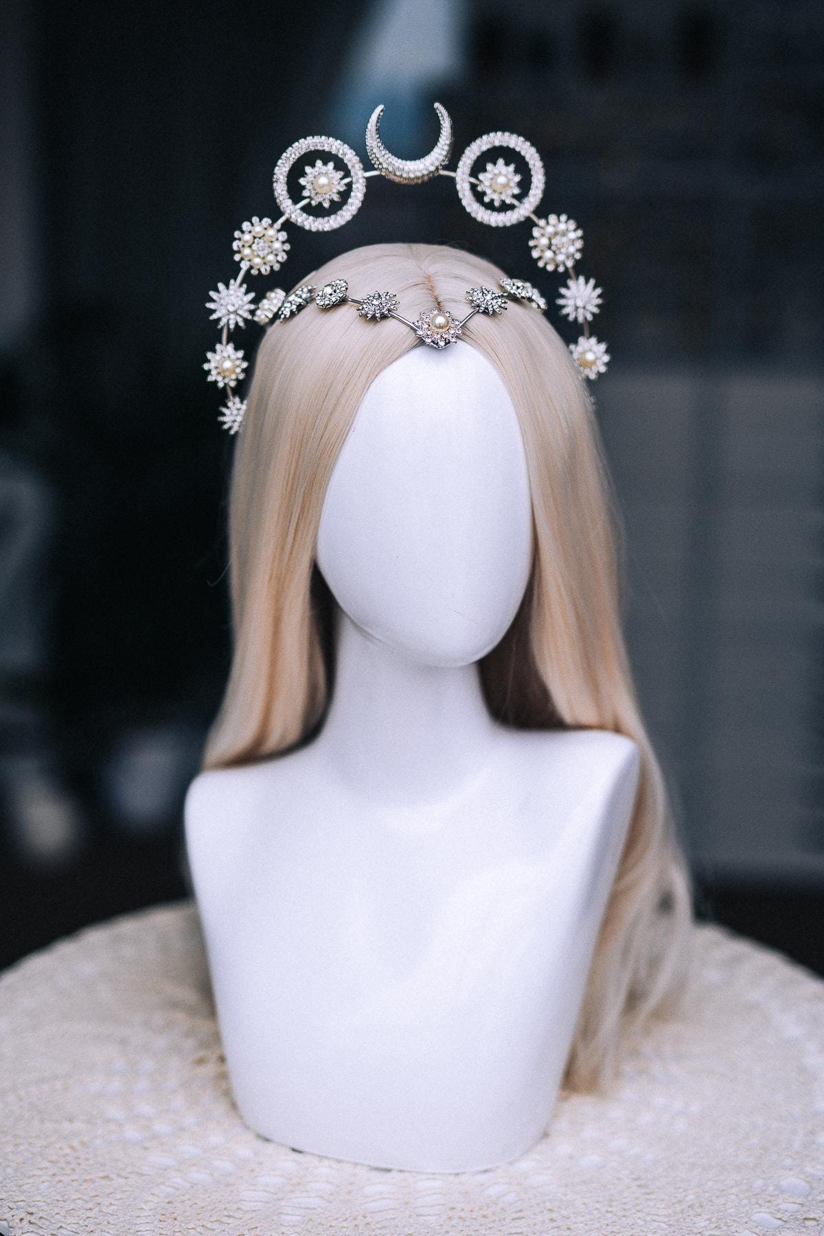 Silver Moon Halo Crown, Celestial Goddess Headpiece, Crystal Star Crown, Pearl Lunar Tiara, Celestial Wedding Headpiece