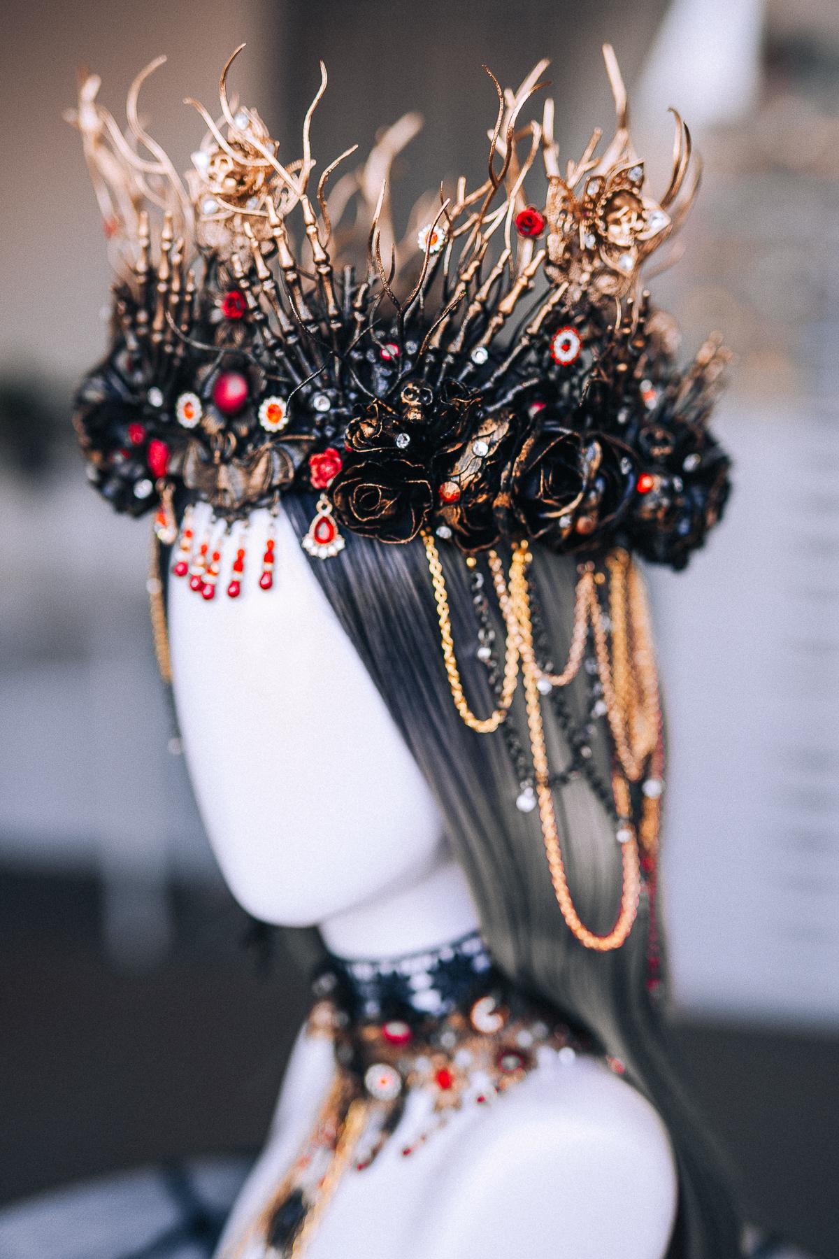 Gothic Red Crystal Dangle Earrings with Black Starburst Pendants and Ornate Filigree