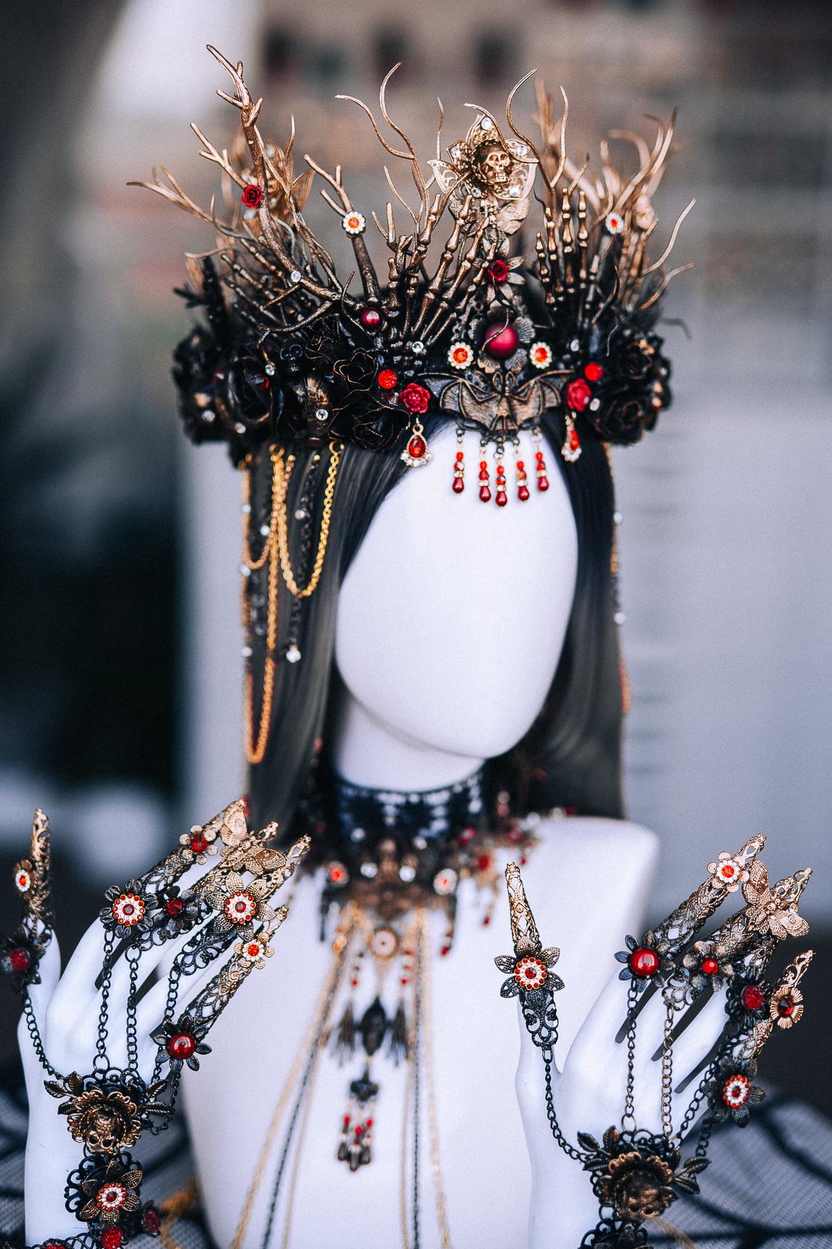 Gothic Red Crystal Dangle Earrings with Black Starburst Pendants and Ornate Filigree