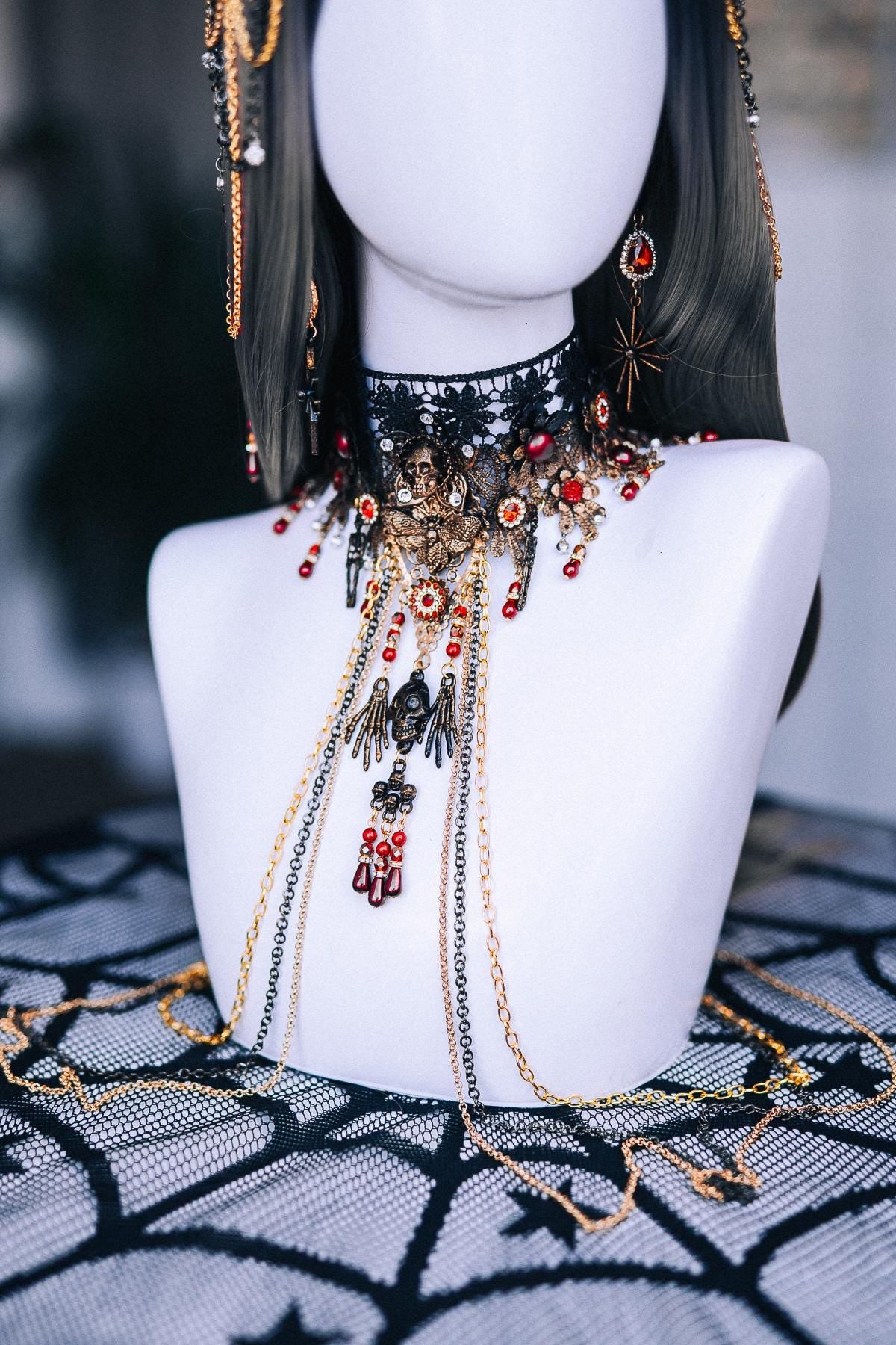 Gothic Choker Necklace with Red Stones and Draped Body Chains, Ornate Black Filigree Jewelry