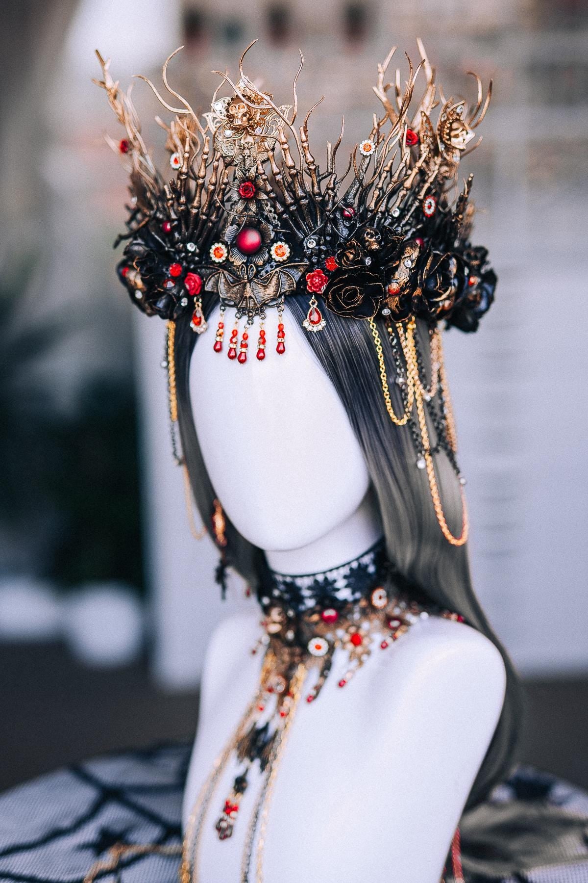 Gothic Choker Necklace with Red Stones and Draped Body Chains, Ornate Black Filigree Jewelry