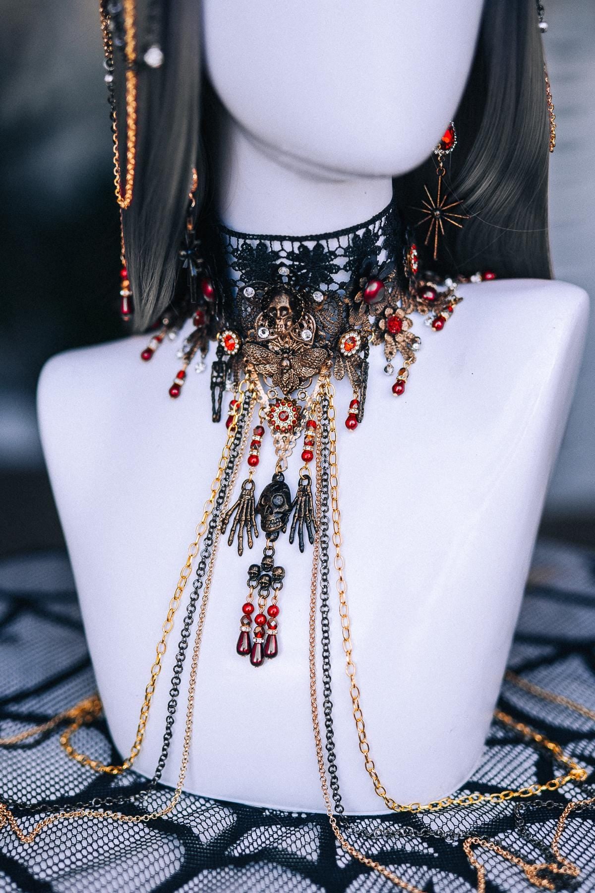 Gothic Choker Necklace with Red Stones and Draped Body Chains, Ornate Black Filigree Jewelry