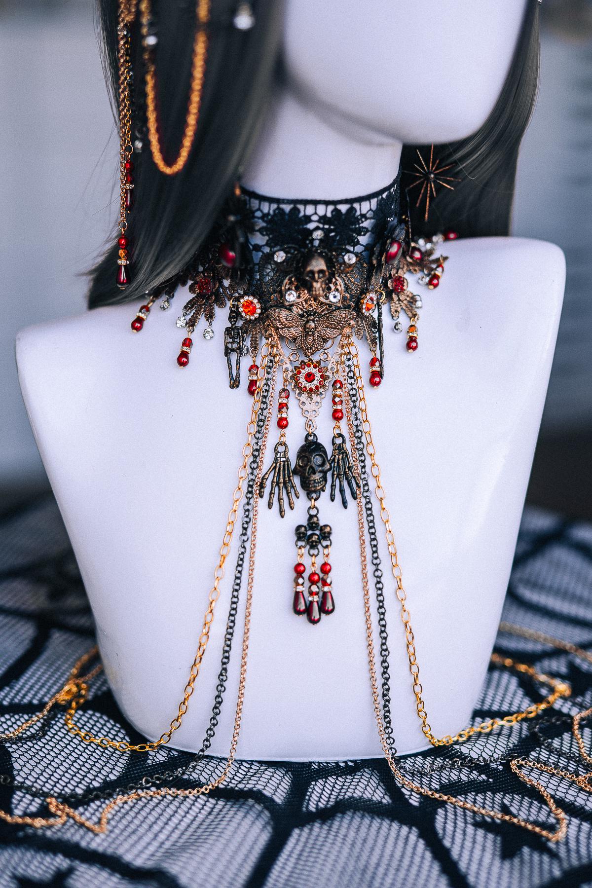 Gothic Crown with Red Stones, Black Roses, Skeletal Hands and Branching Details