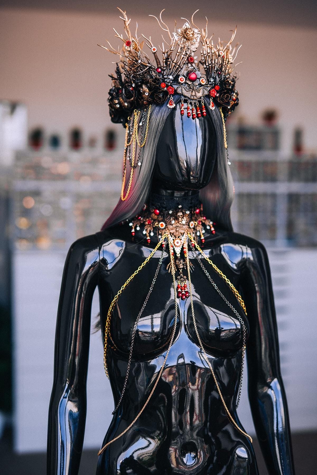 Gothic Crown with Red Stones, Black Roses, Skeletal Hands and Branching Details