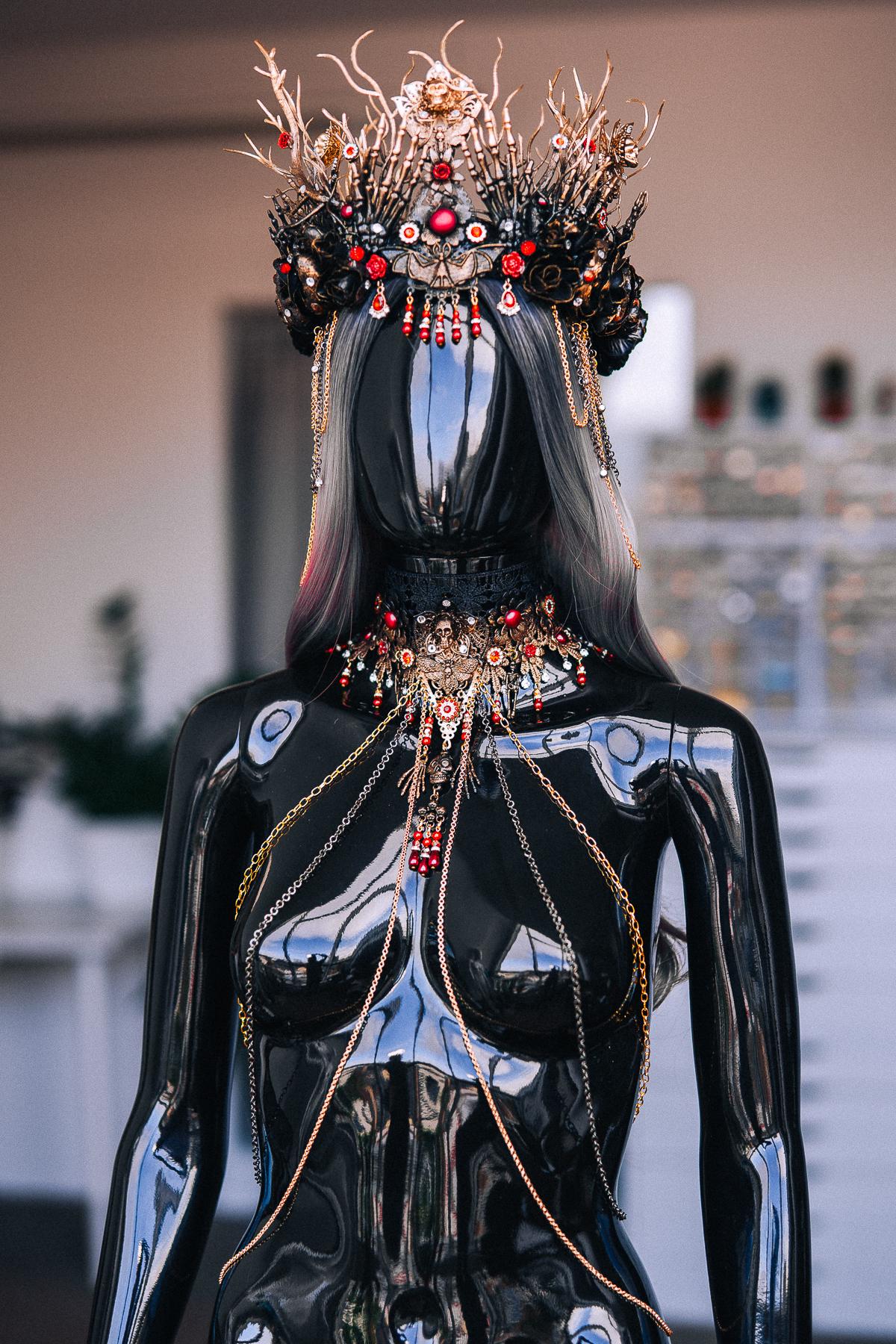 Gothic Crown with Red Stones, Black Roses, Skeletal Hands and Branching Details