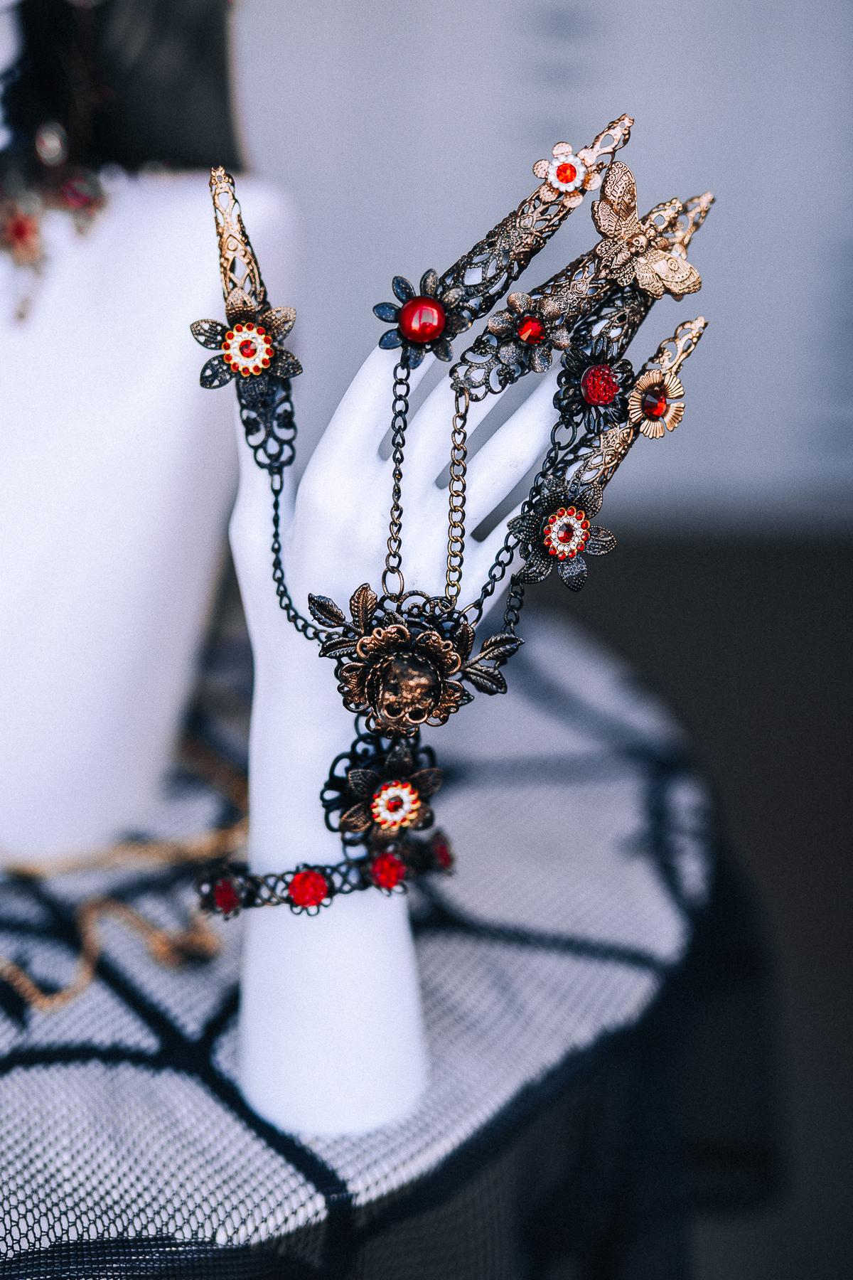 Gothic Crown with Red Stones, Black Roses, Skeletal Hands and Branching Details