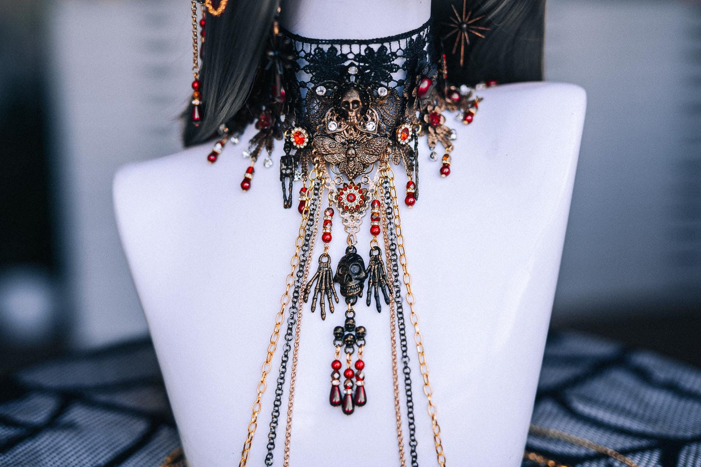 Gothic Crown with Red Stones, Black Roses, Skeletal Hands and Branching Details