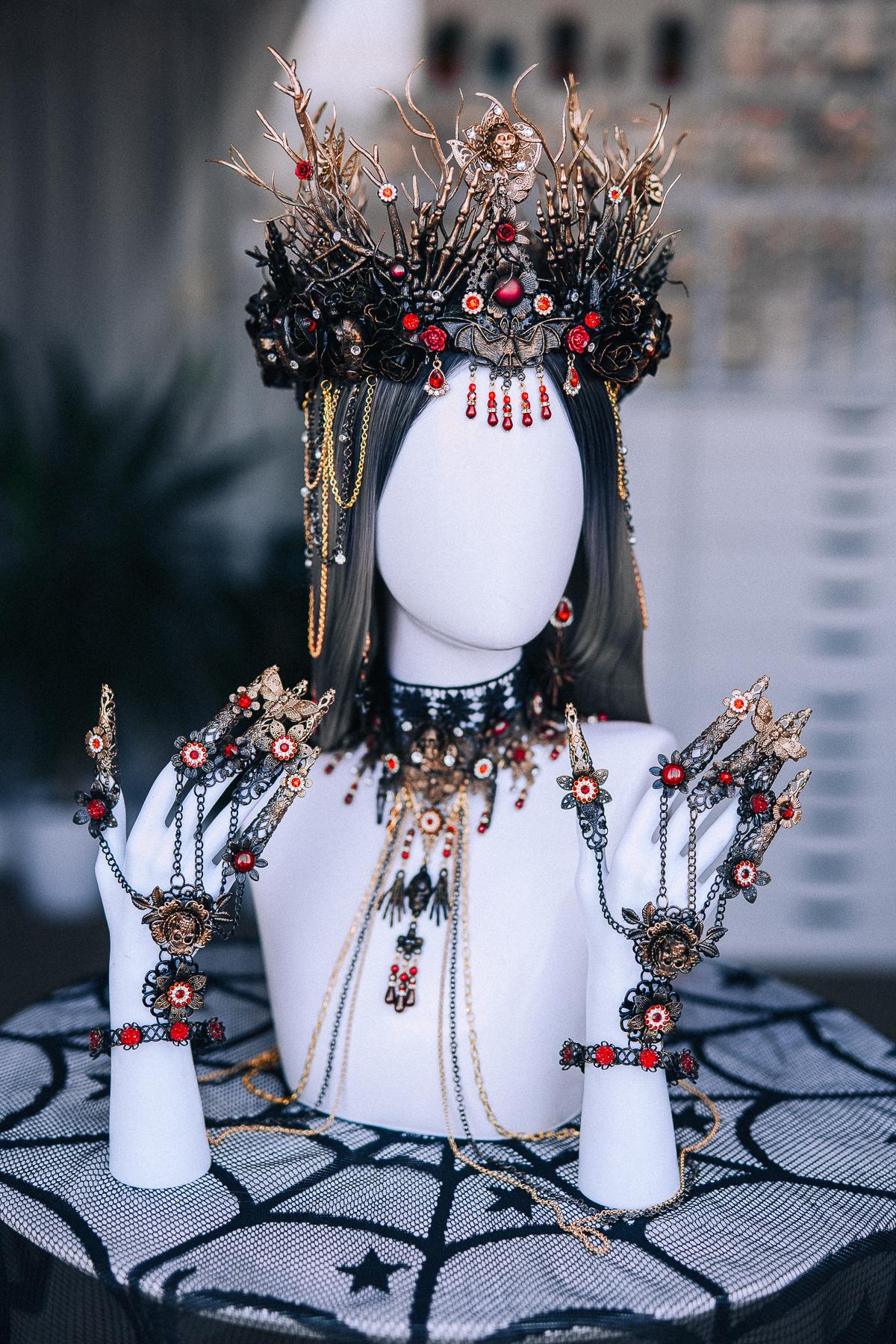 Gothic Crown with Red Stones, Black Roses, Skeletal Hands and Branching Details