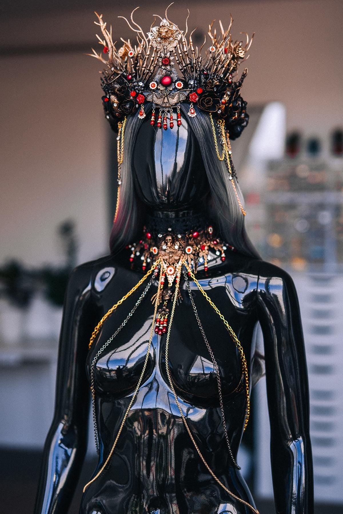 Gothic Crown with Red Stones, Black Roses, Skeletal Hands and Branching Details