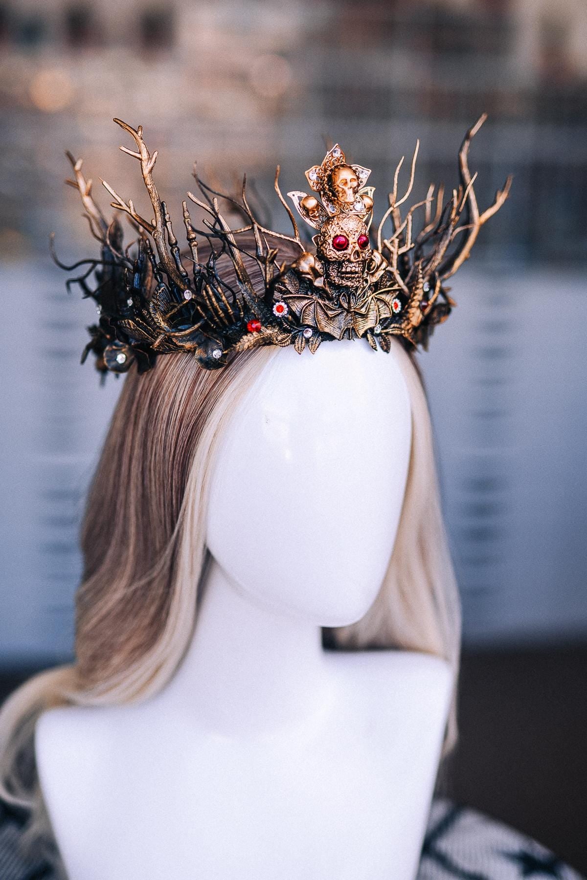 Gothic Witch Crown with Skulls, Black and Bronze Branches, Halloween Headpiece