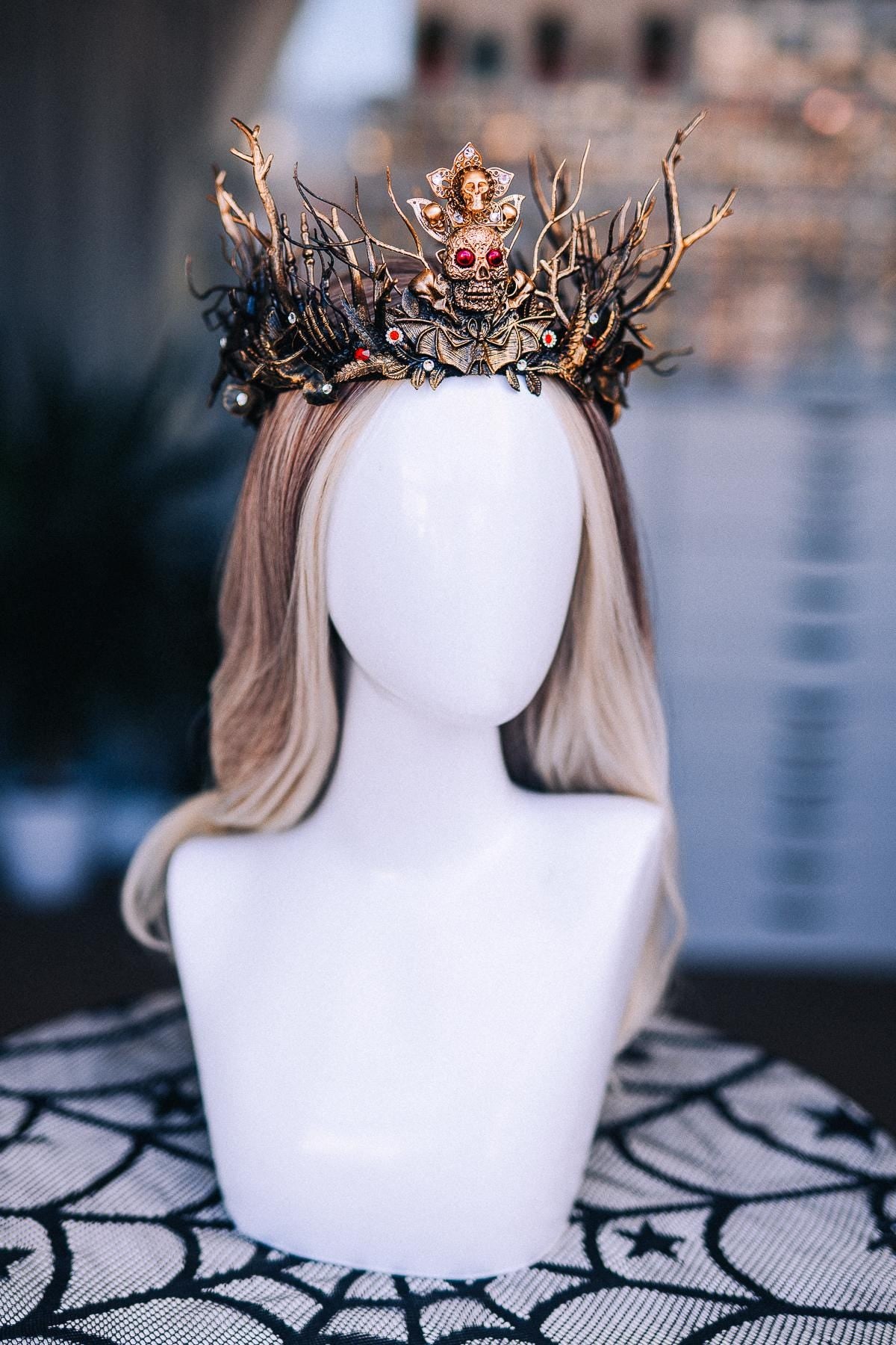 Gothic Witch Crown with Skulls, Black and Bronze Branches, Halloween Headpiece