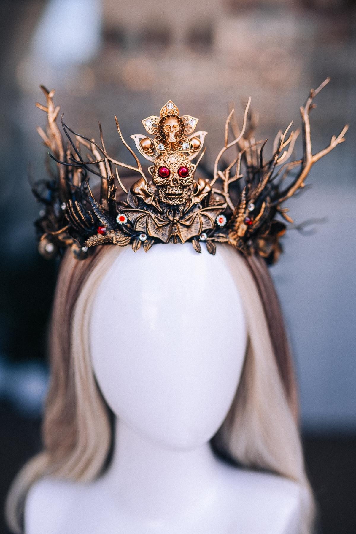 Gothic Witch Crown with Skulls, Black and Bronze Branches, Halloween Headpiece