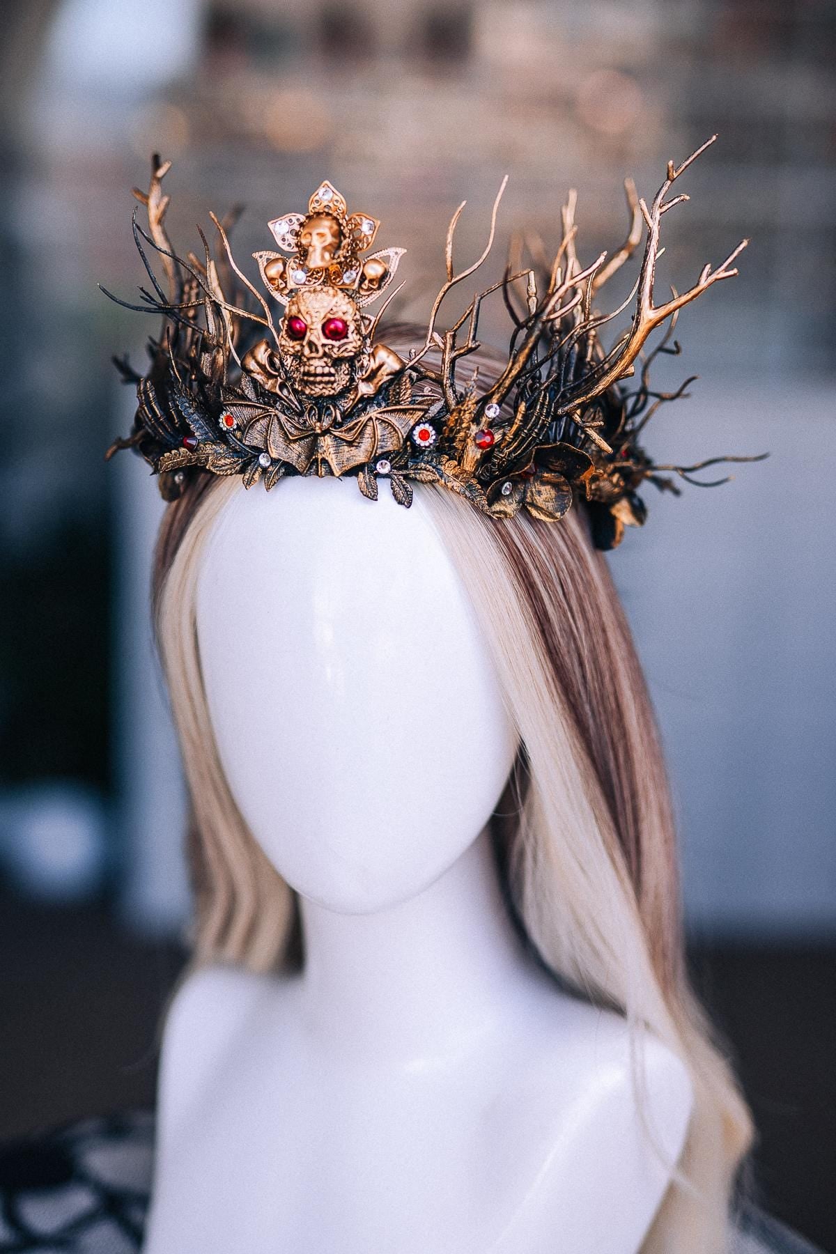 Gothic Witch Crown with Skulls, Black and Bronze Branches, Halloween Headpiece