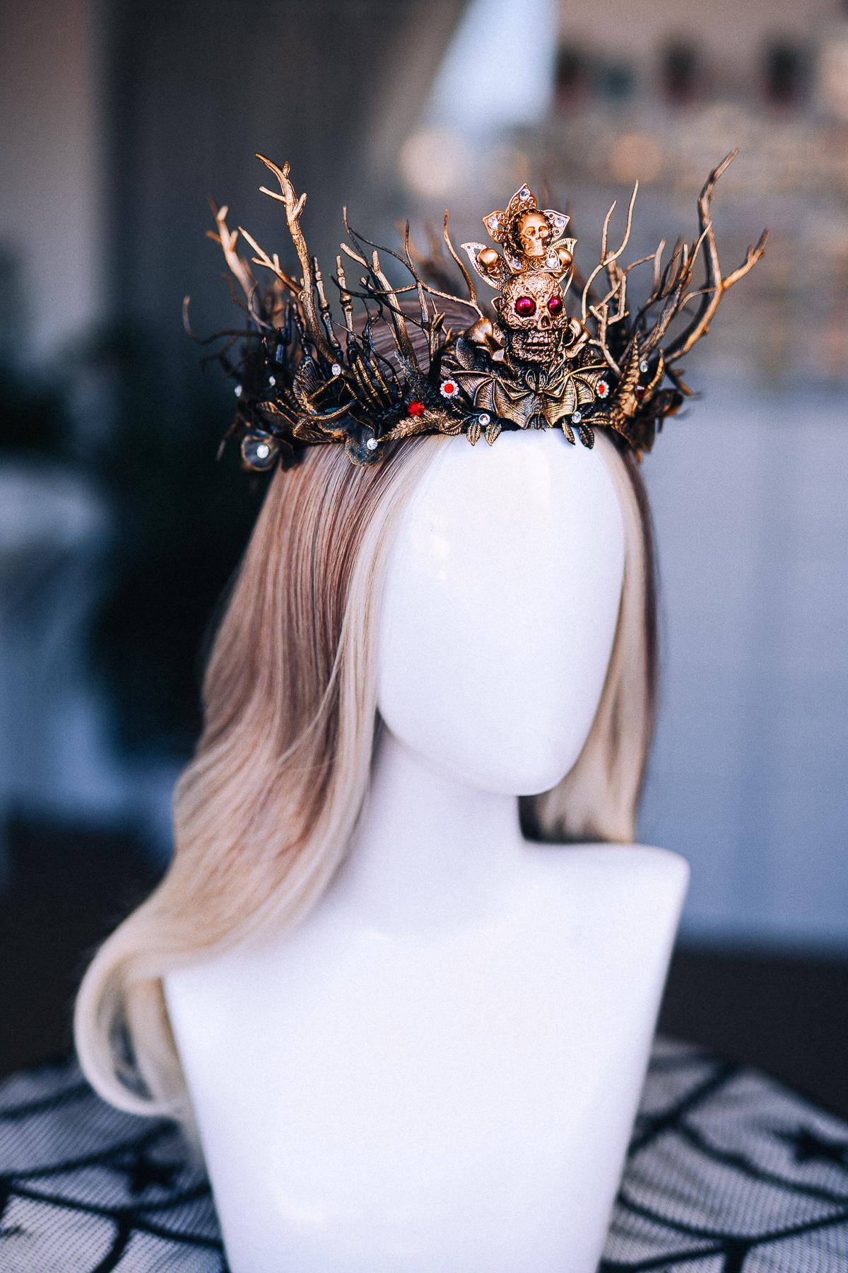 Gothic Witch Crown with Skulls, Black and Bronze Branches, Halloween Headpiece