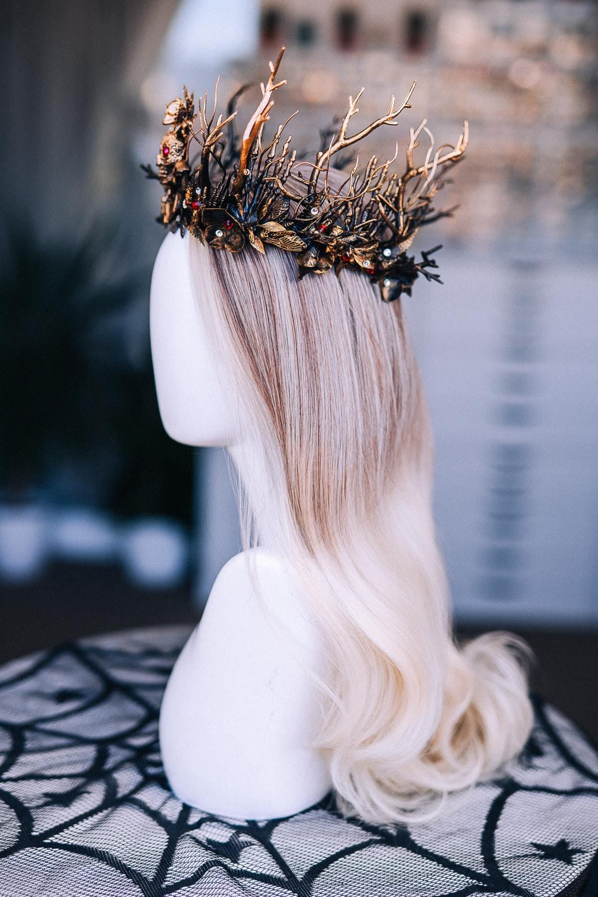 Gothic Witch Crown with Skulls, Black and Bronze Branches, Halloween Headpiece