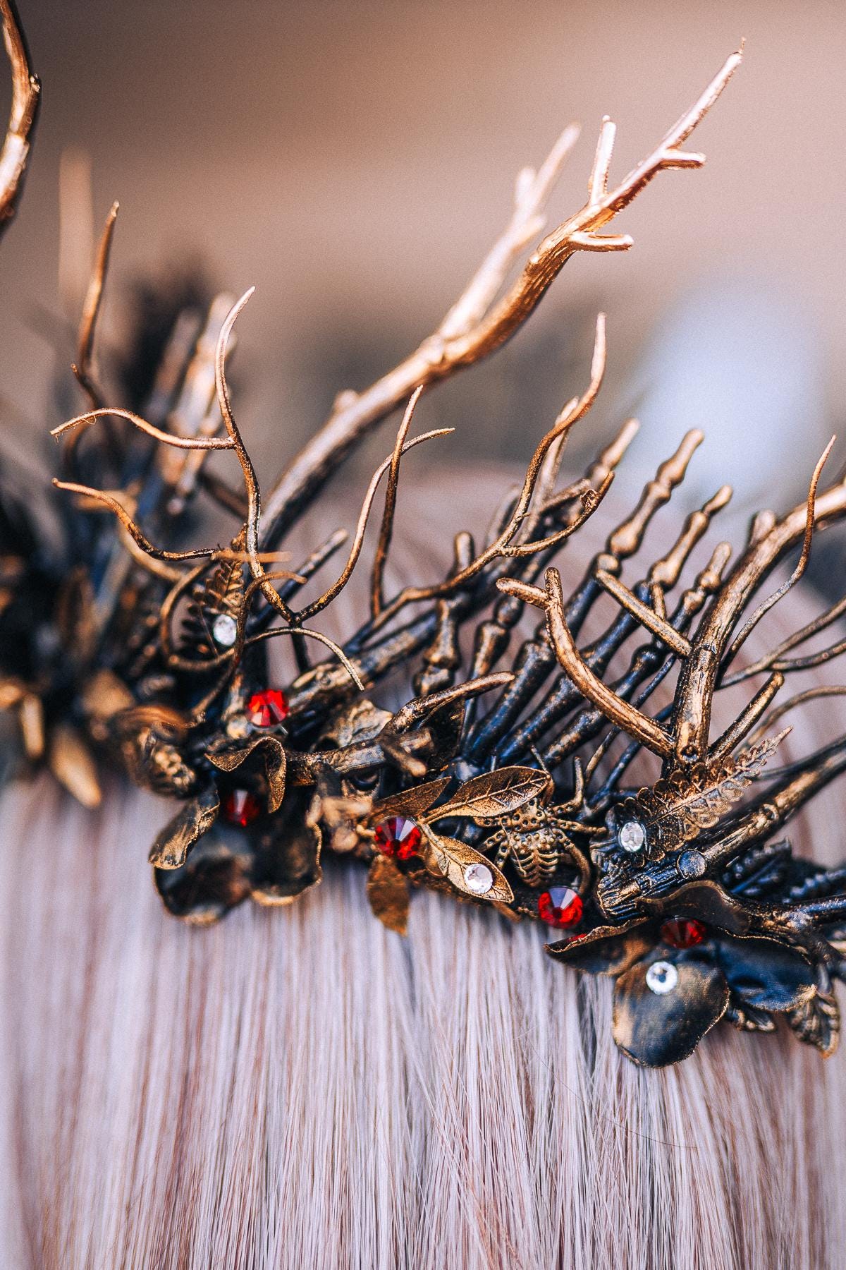 Gothic Witch Crown with Skulls, Black and Bronze Branches, Halloween Headpiece