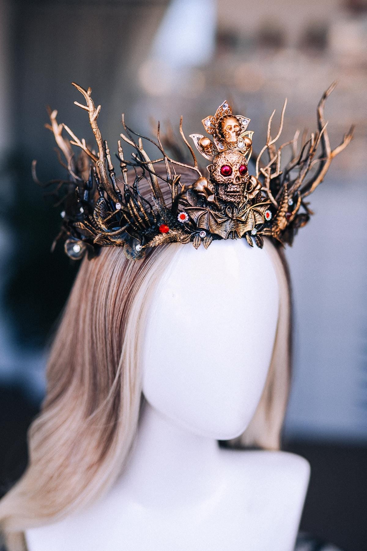 Gothic Witch Crown with Skulls, Black and Bronze Branches, Halloween Headpiece
