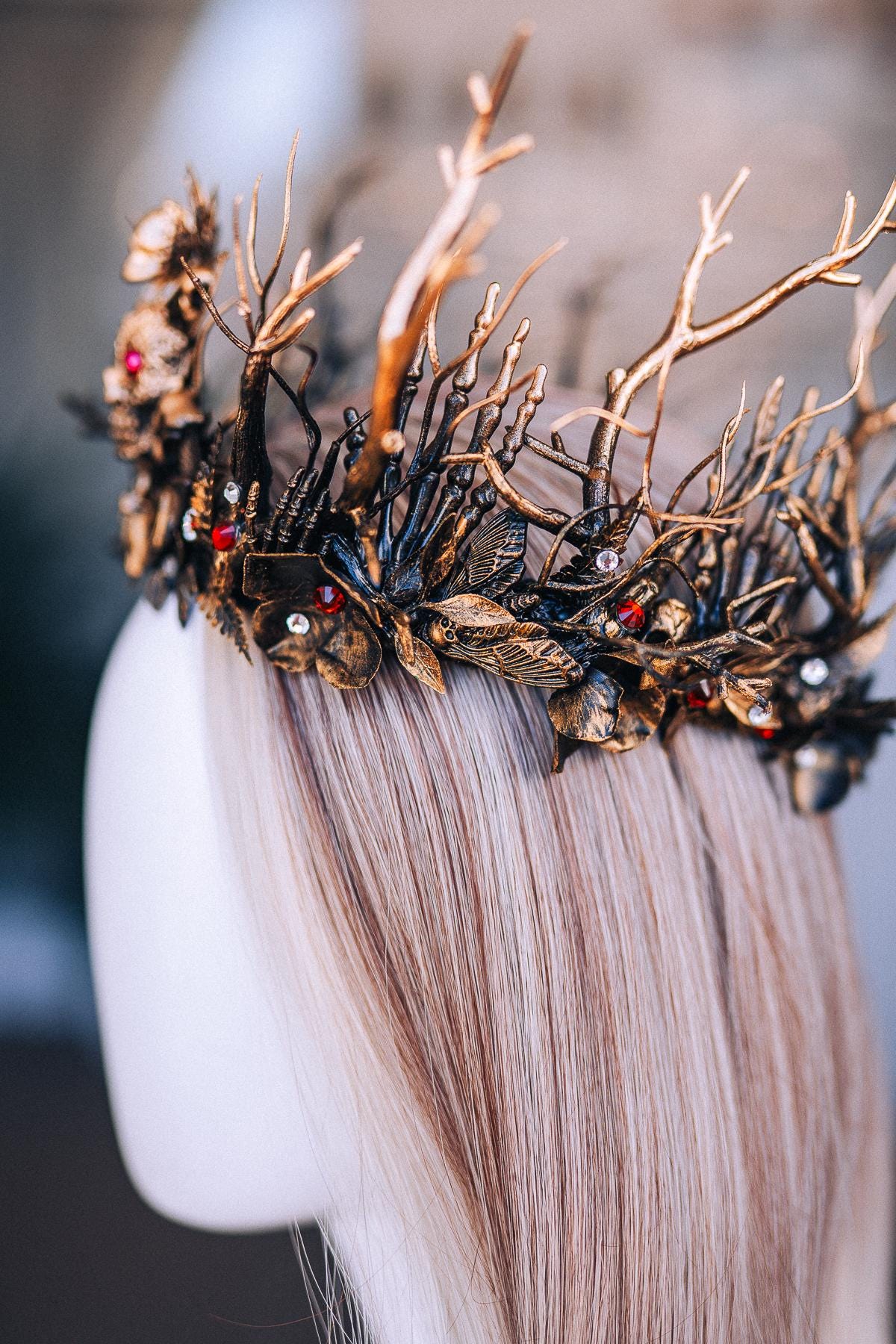 Gothic Witch Crown with Skulls, Black and Bronze Branches, Halloween Headpiece