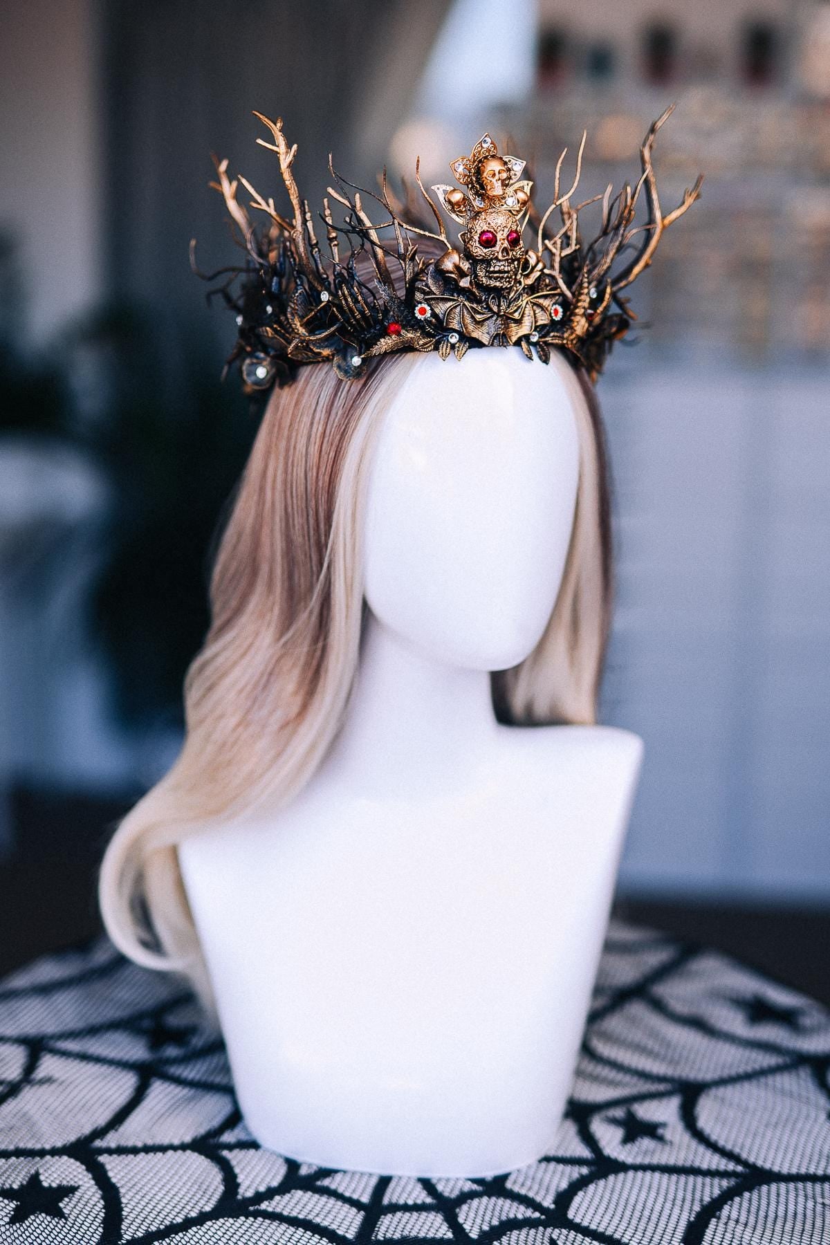 Gothic Witch Crown with Skulls, Black and Bronze Branches, Halloween Headpiece