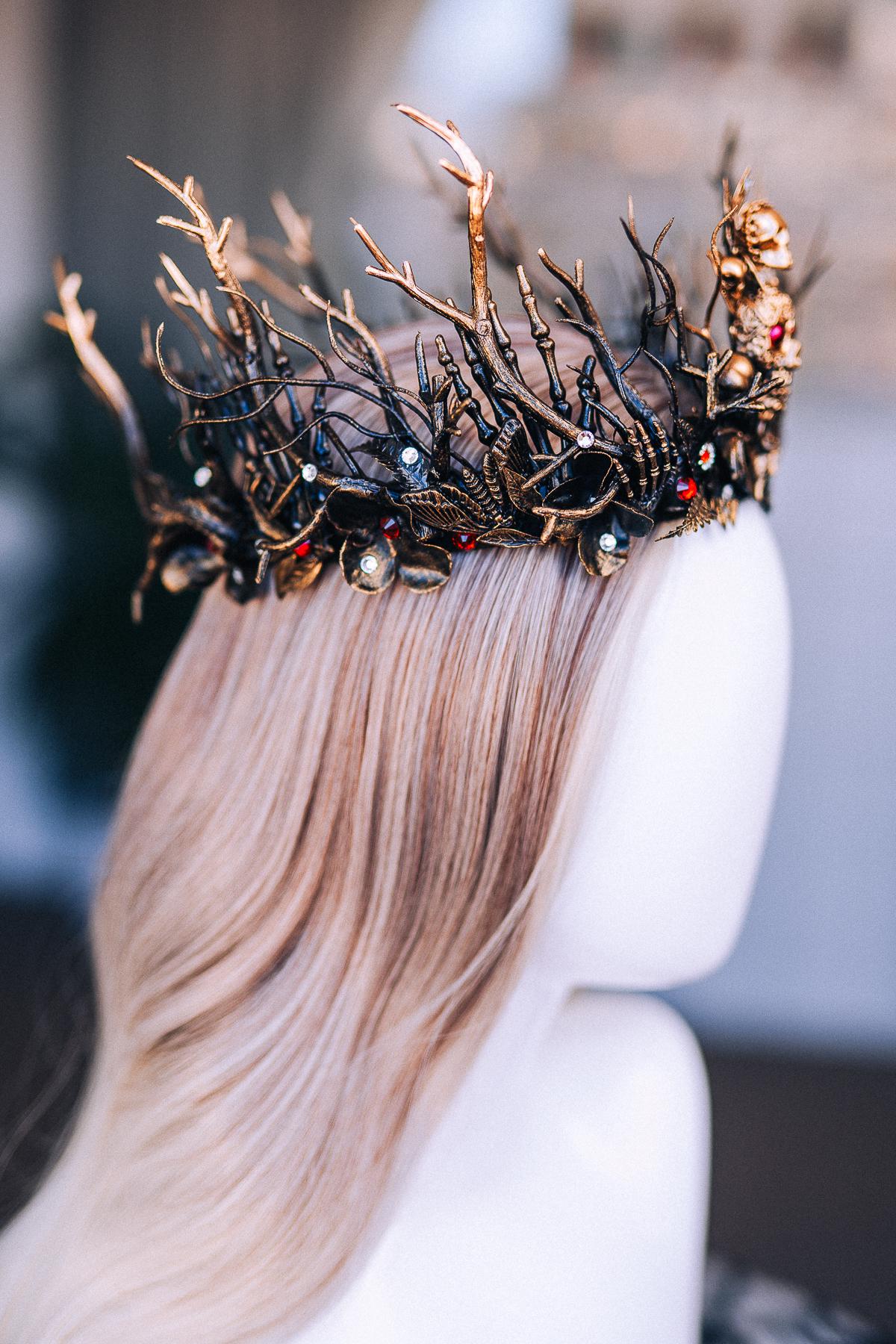 Gothic Witch Crown with Skulls, Black and Bronze Branches, Halloween Headpiece