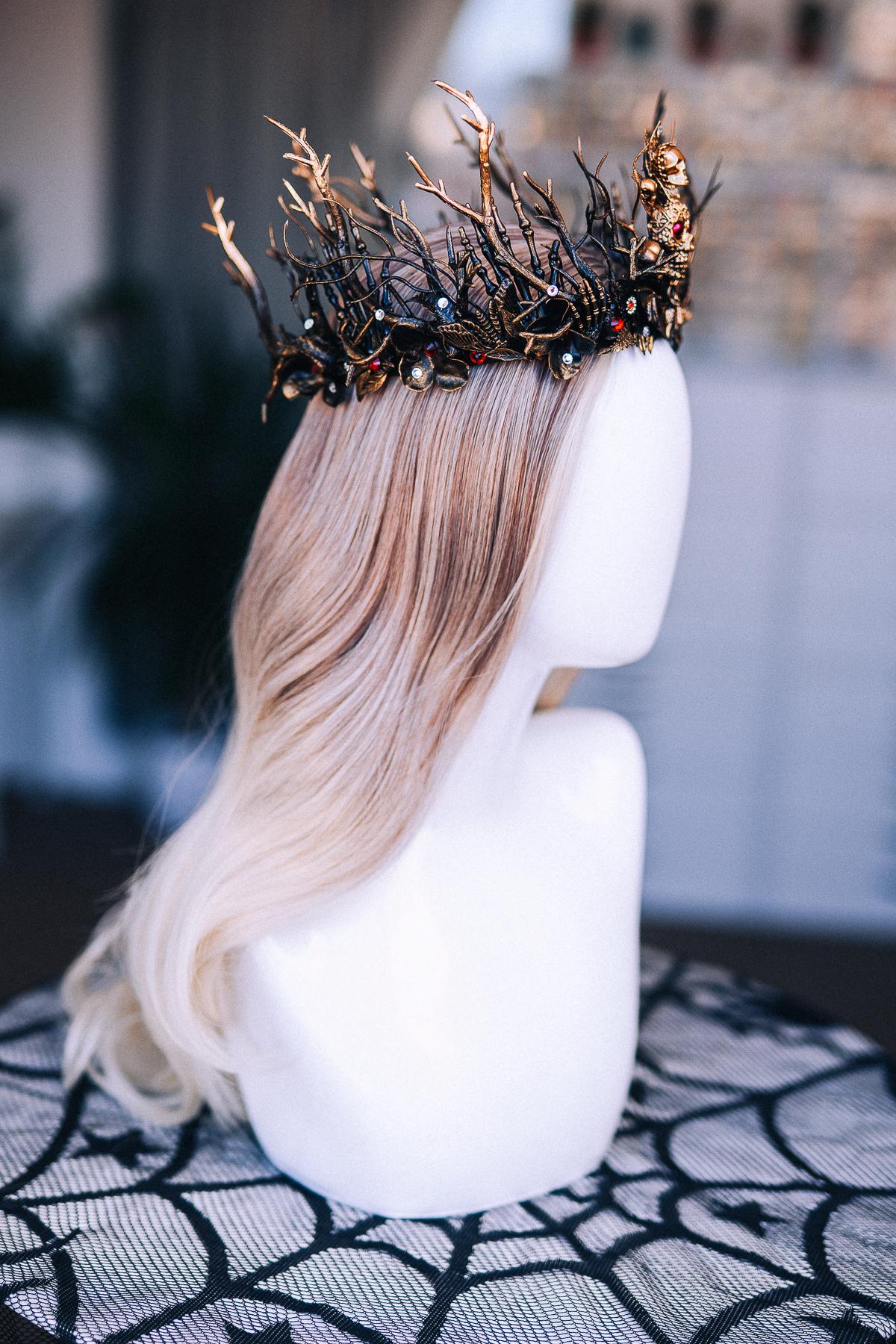 Gothic Witch Crown with Skulls, Black and Bronze Branches, Halloween Headpiece
