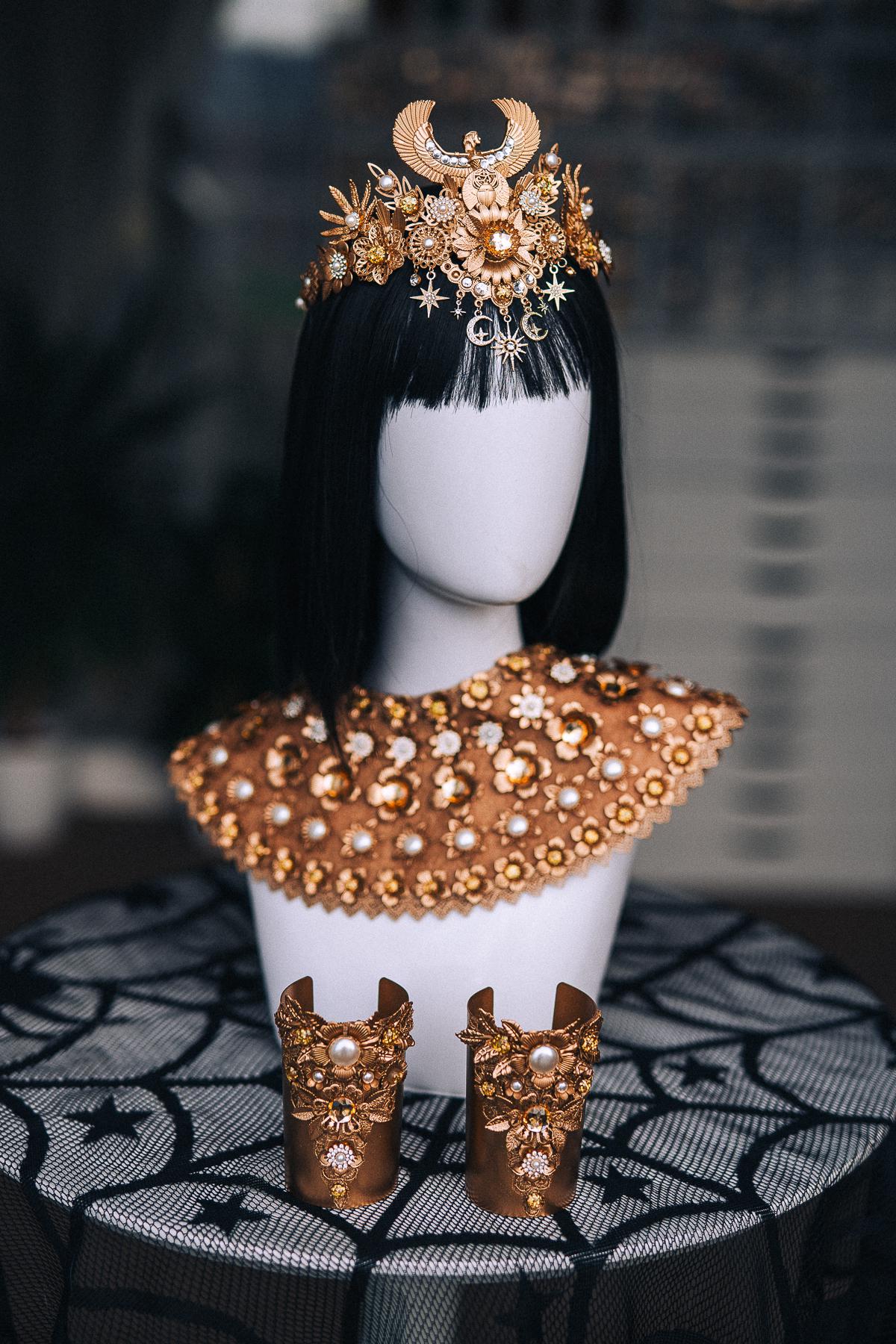 Cleopatra Cuff Bracelet, Wide Gold-Tone Egyptian Jewelry with Pearl and Crystal Accents