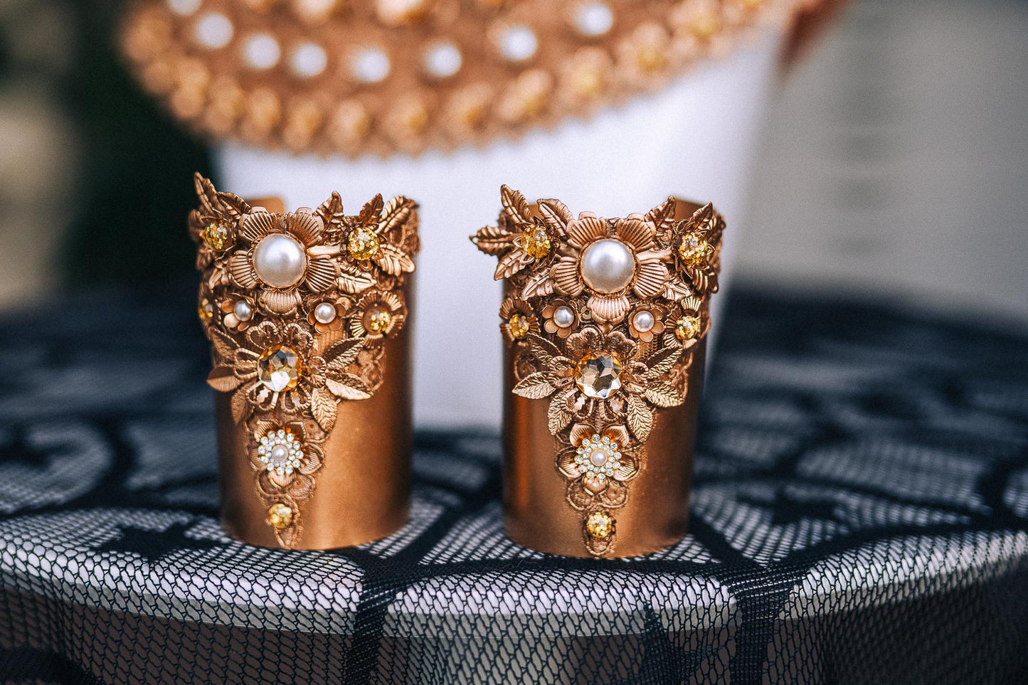 Cleopatra Cuff Bracelet, Wide Gold-Tone Egyptian Jewelry with Pearl and Crystal Accents