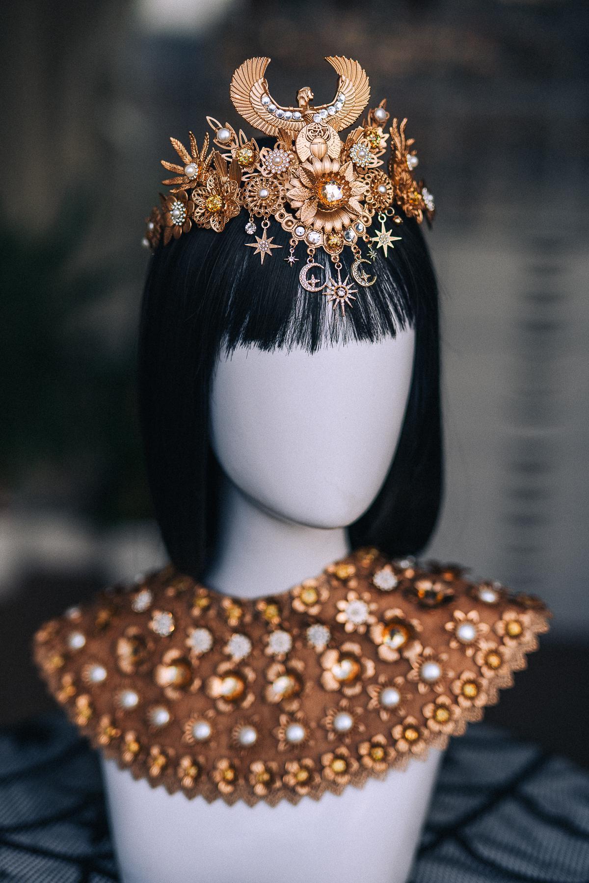 Cleopatra Cuff Bracelet, Wide Gold-Tone Egyptian Jewelry with Pearl and Crystal Accents