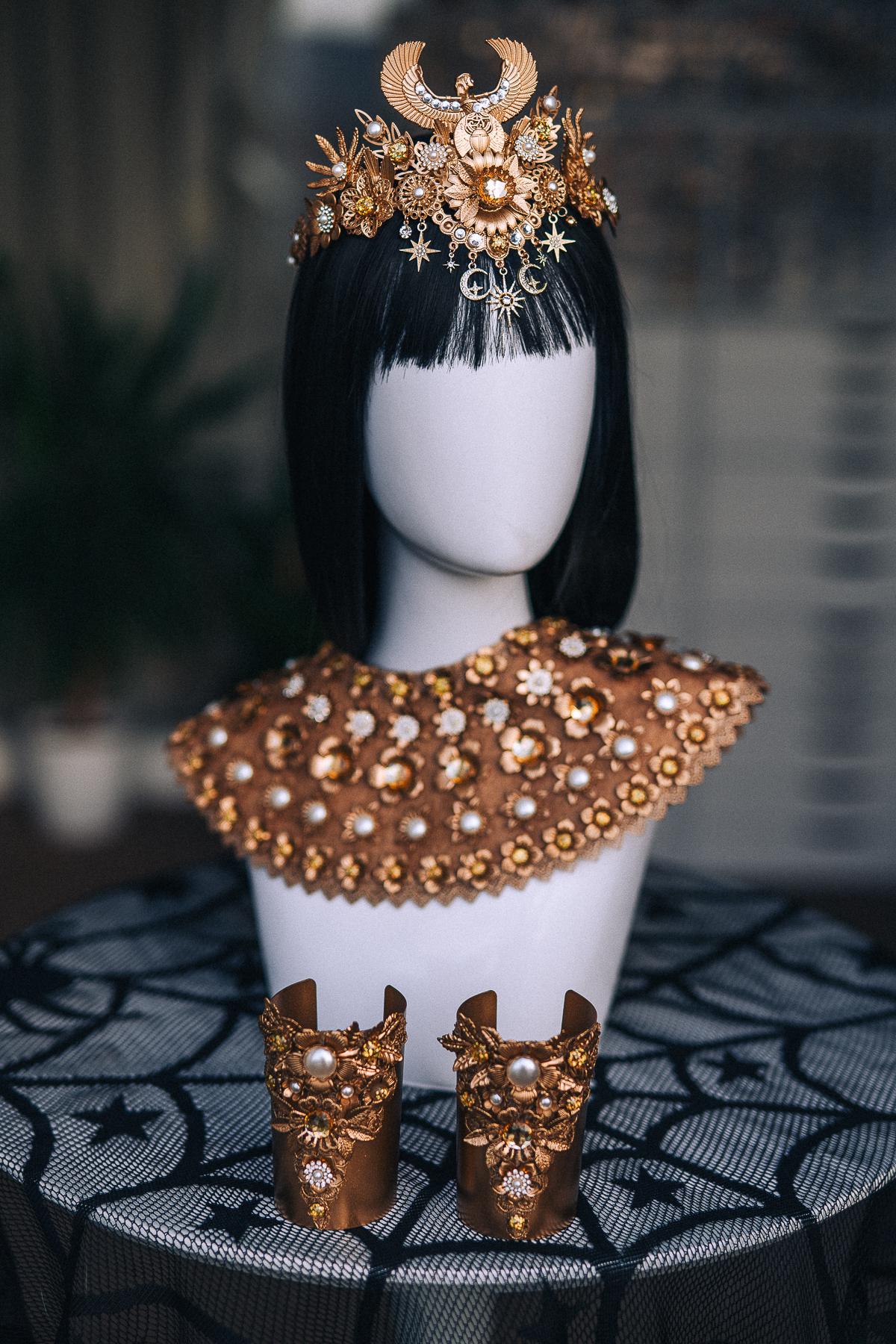 Cleopatra Cuff Bracelet, Wide Gold-Tone Egyptian Jewelry with Pearl and Crystal Accents