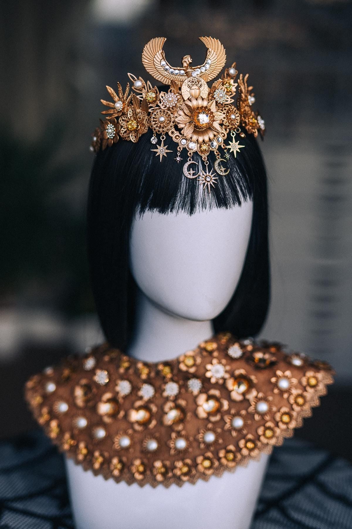 Cleopatra Collar Necklace, Gold-Tone Egyptian Pectoral with Floral, Pearl and Crystal Details