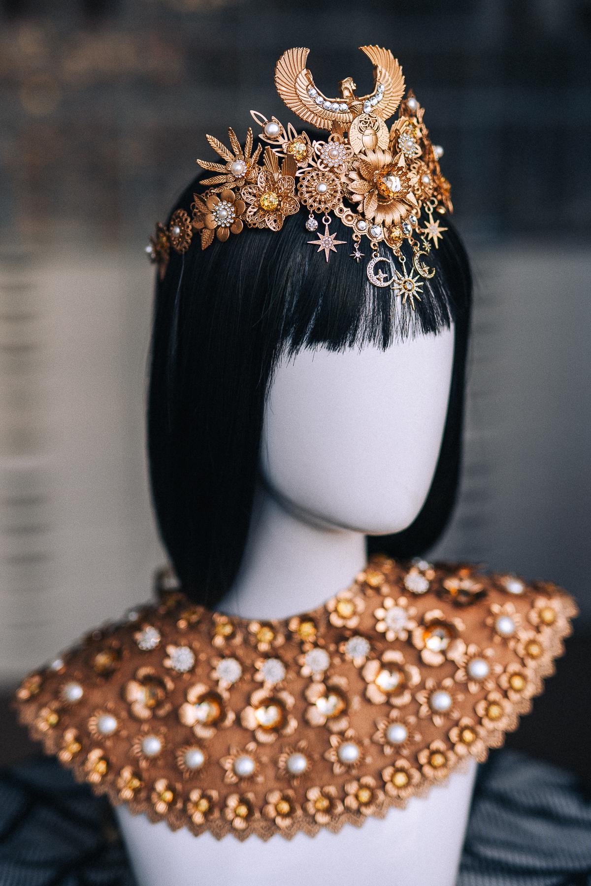 Cleopatra Collar Necklace, Gold-Tone Egyptian Pectoral with Floral, Pearl and Crystal Details