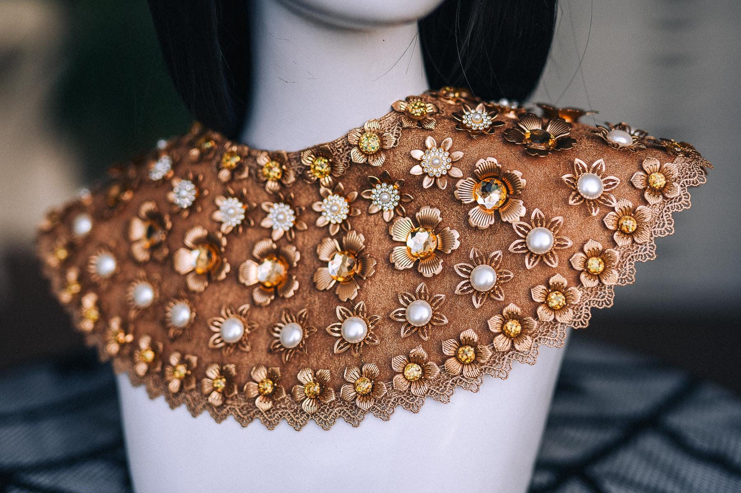 Cleopatra Collar Necklace, Gold-Tone Egyptian Pectoral with Floral, Pearl and Crystal Details