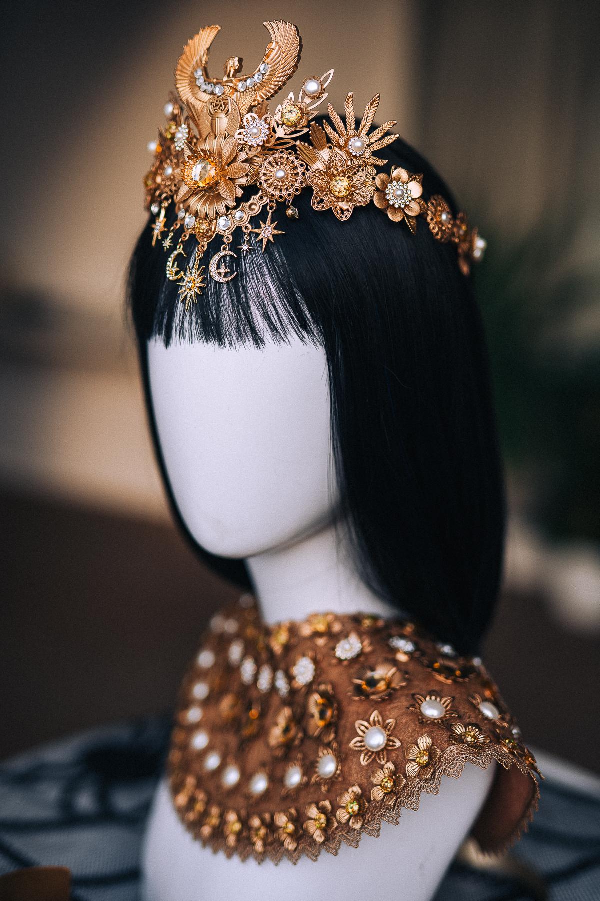 Cleopatra Crown, Gold-Tone Egyptian Tiara with Winged Motif, Pearls and Celestial Charms