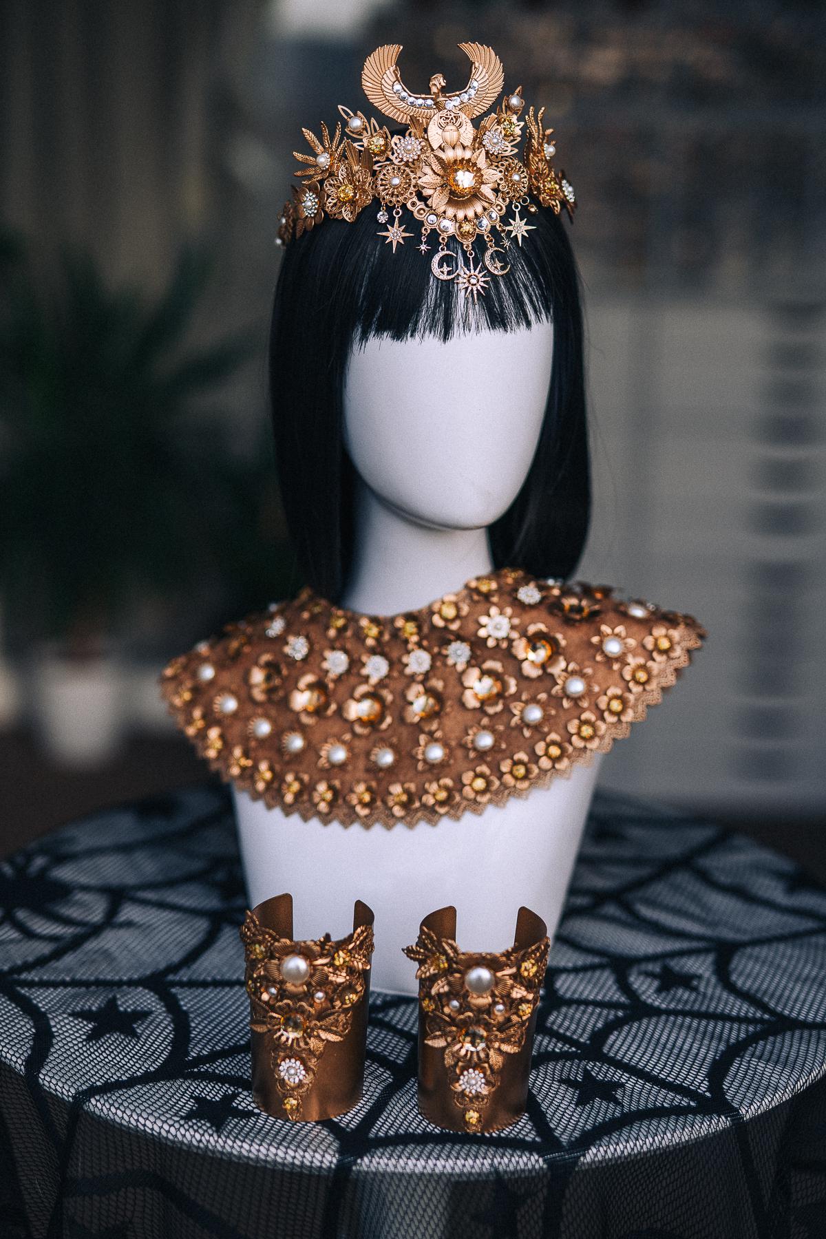 Cleopatra Crown, Gold-Tone Egyptian Tiara with Winged Motif, Pearls and Celestial Charms