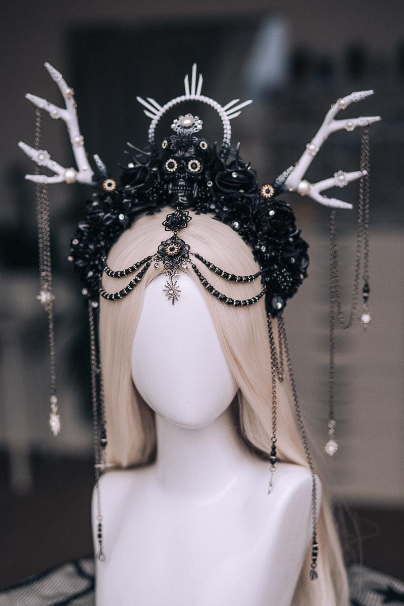 Black White Deer Antler Crown, Gothic Witch Skull Crown, Dark Fantasy Halo Headpiece, Halloween Crown, Witch Costume Headdress