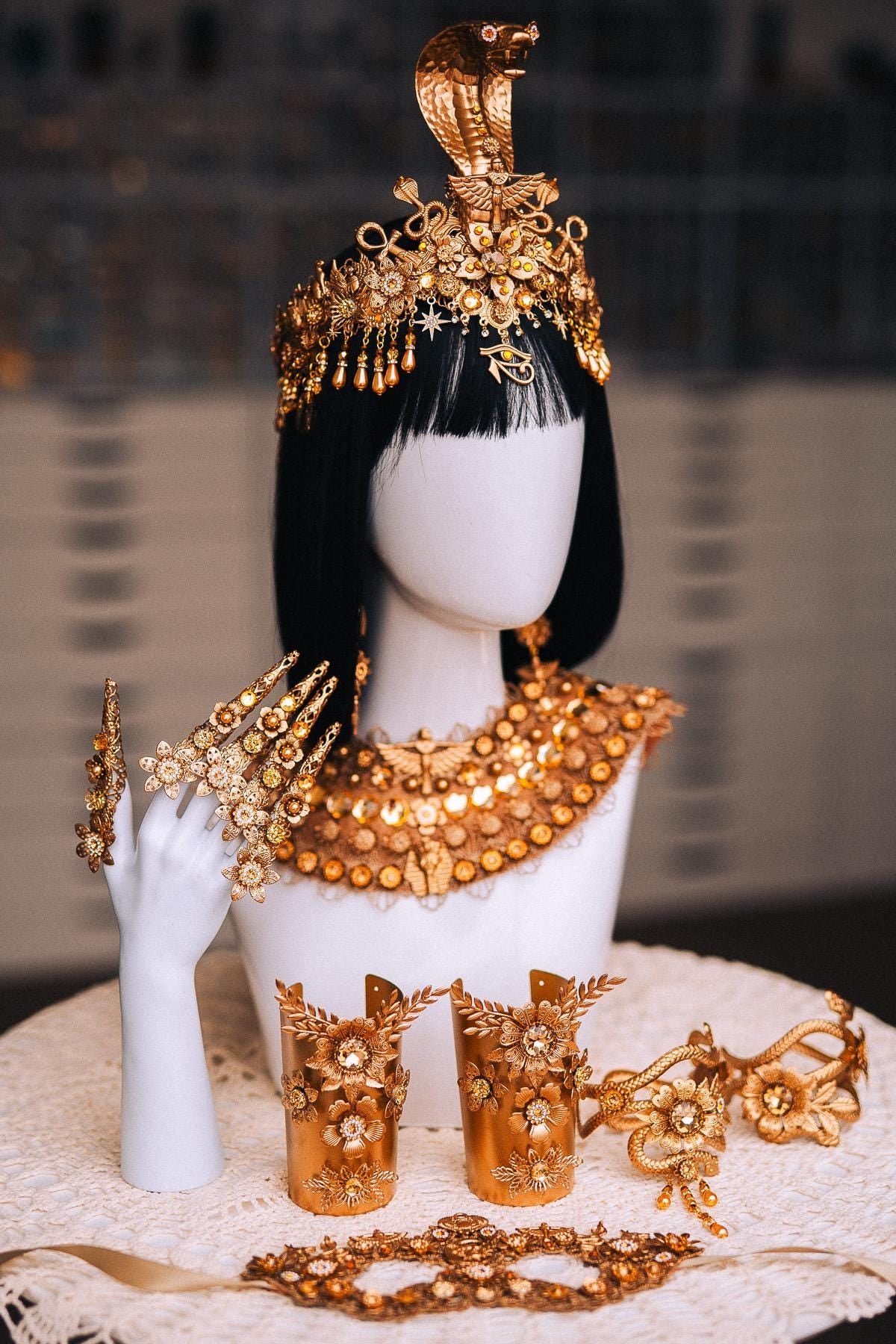 Cleopatra Wrist Cuffs, Gold Egyptian Bracelets, Gold Crystal Arm Cuffs, Pharaoh Jewelry, Egyptian Queen Costume Accessories