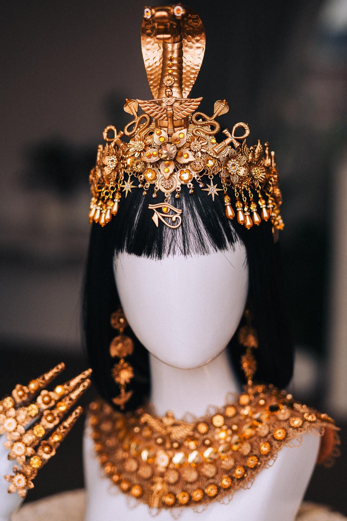 Cleopatra Cobra Crown, Gold Egyptian Queen Headdress, Pharaoh Crown, Gold Crystal Headpiece, Egyptian Goddess Costume Crown