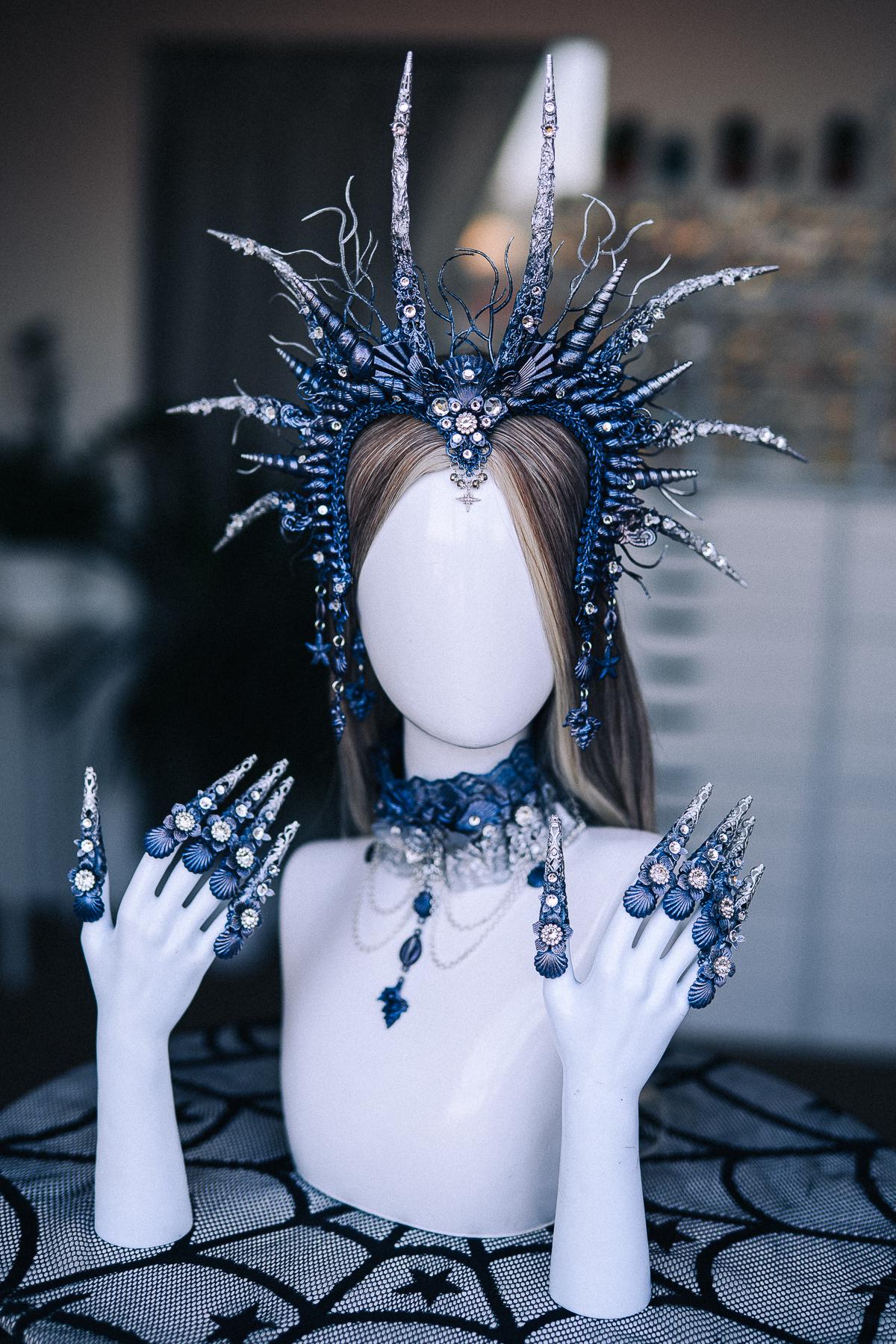 Dark Siren Finger Claws, Mermaid Costume Nails, Blue Silver Ocean Queen Claws, Sea Witch Jewelry, Fantasy Hand Accessories