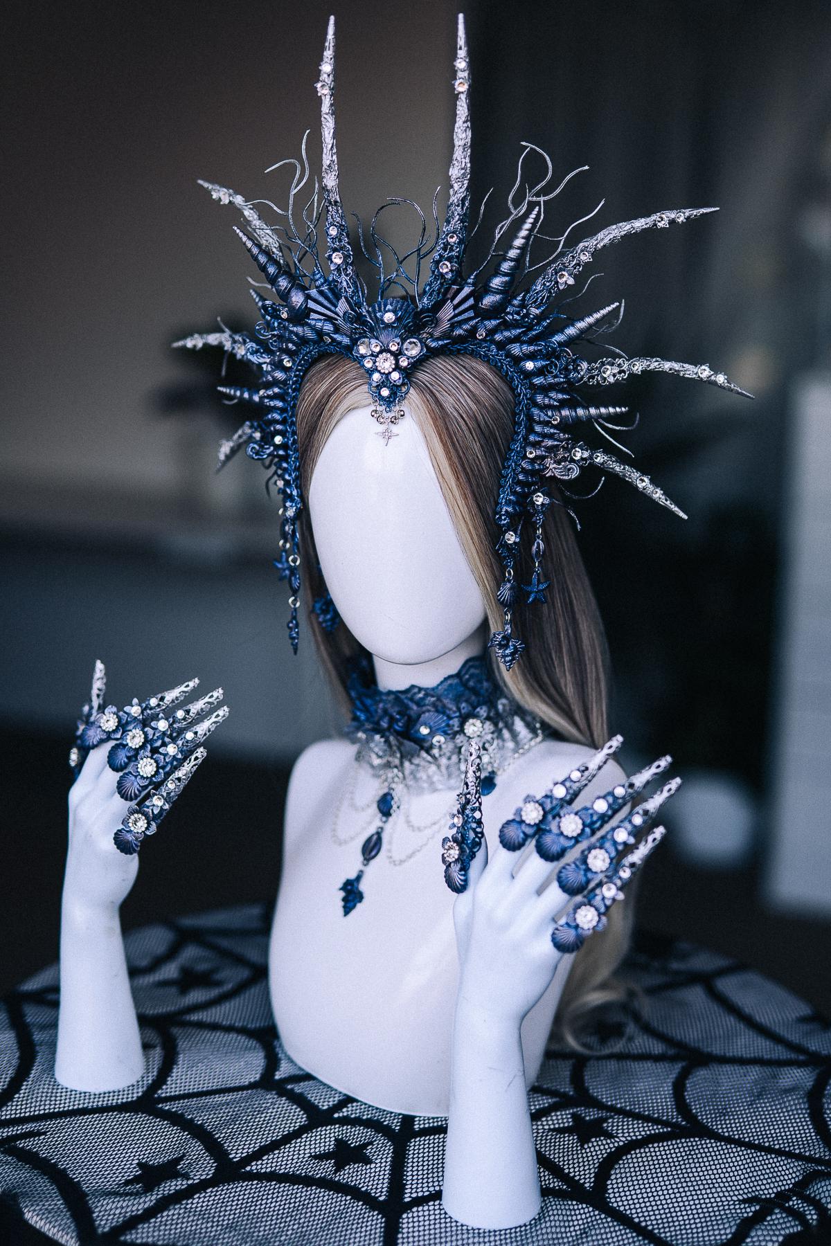 Dark Siren Finger Claws, Mermaid Costume Nails, Blue Silver Ocean Queen Claws, Sea Witch Jewelry, Fantasy Hand Accessories