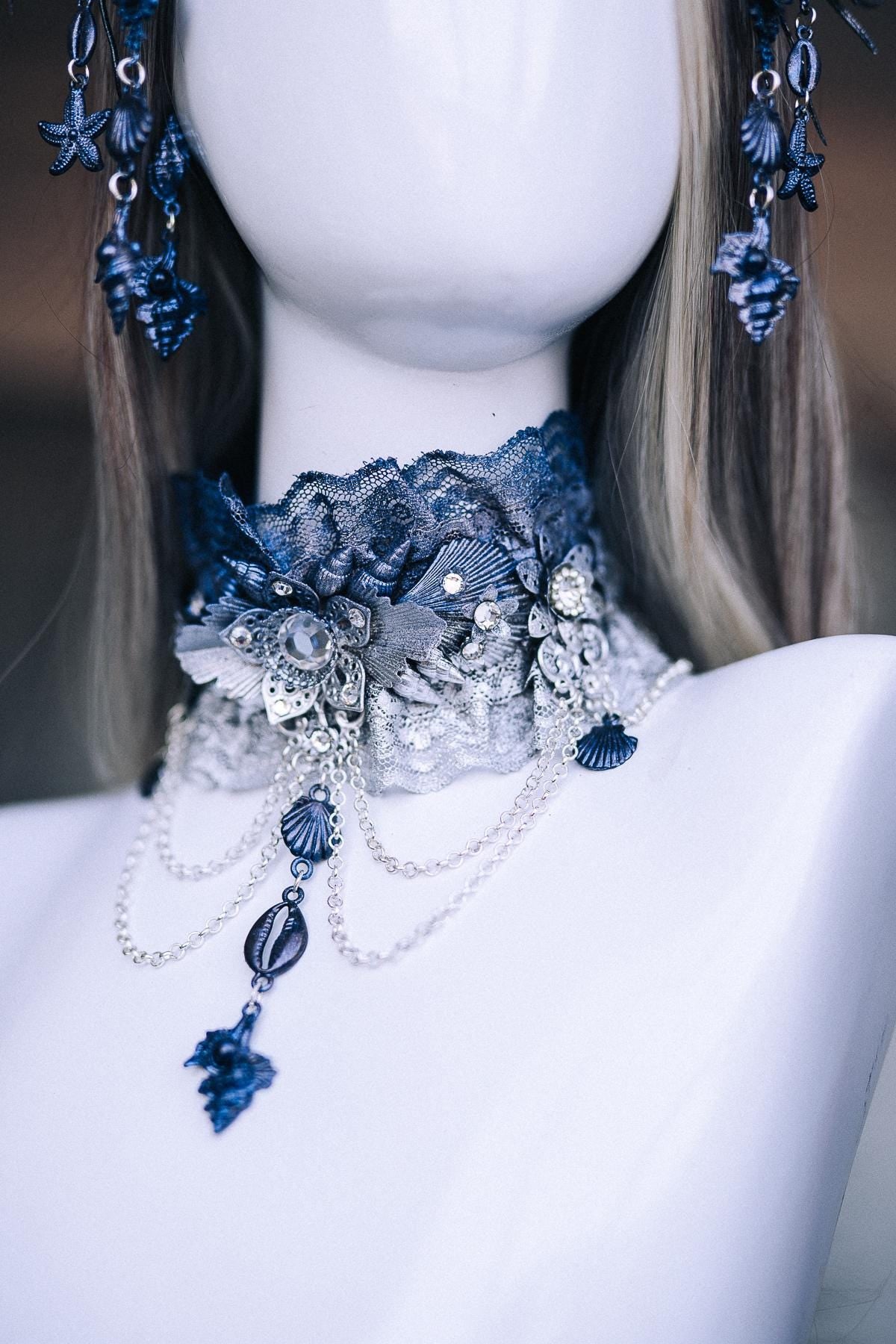 Dark Siren Earrings, Mermaid Earrings, Blue Silver Shell Jewelry, Sea Witch Earrings, Ocean Queen Fantasy Costume Accessories