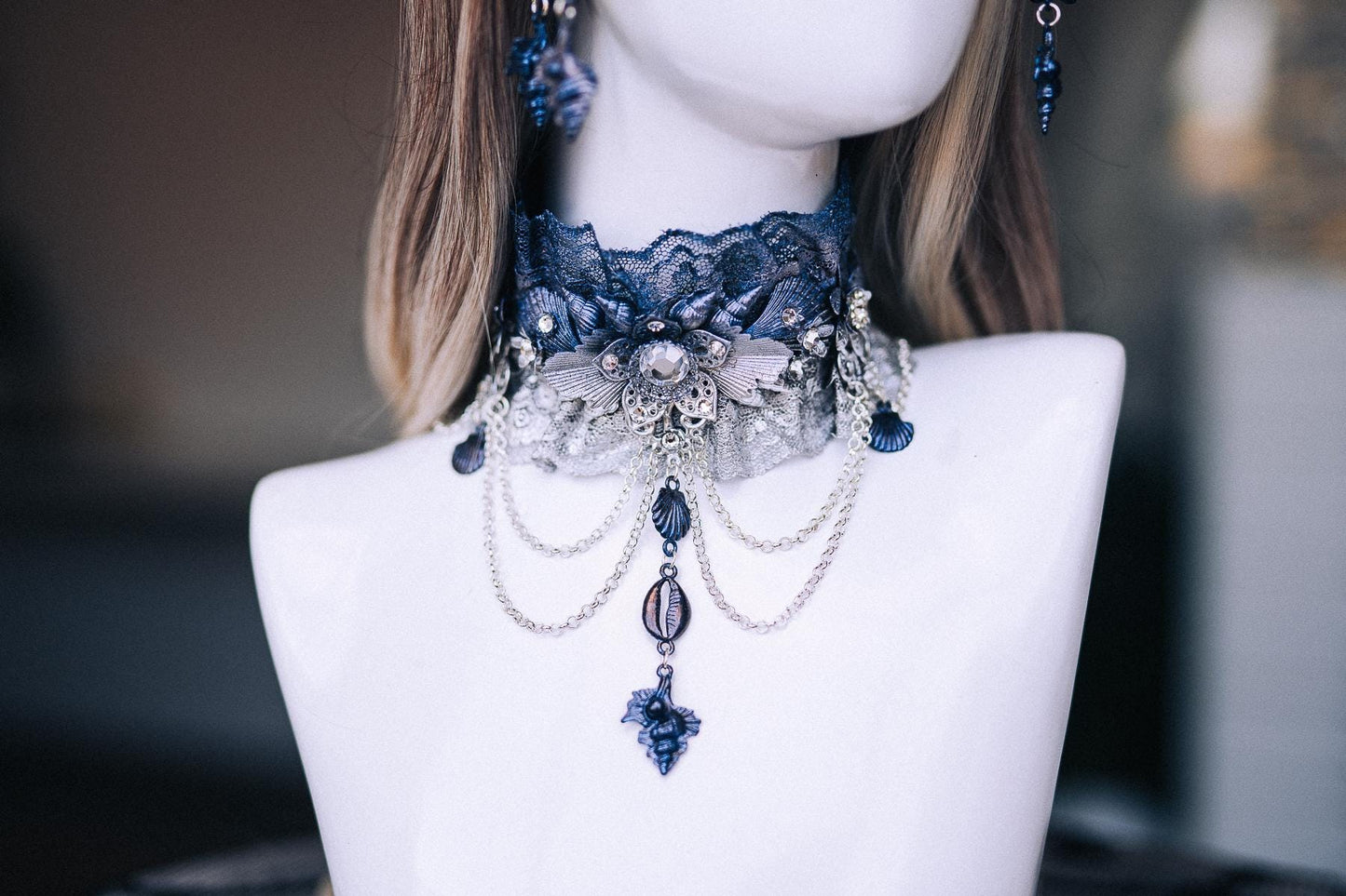 Dark Siren Earrings, Mermaid Earrings, Blue Silver Shell Jewelry, Sea Witch Earrings, Ocean Queen Fantasy Costume Accessories