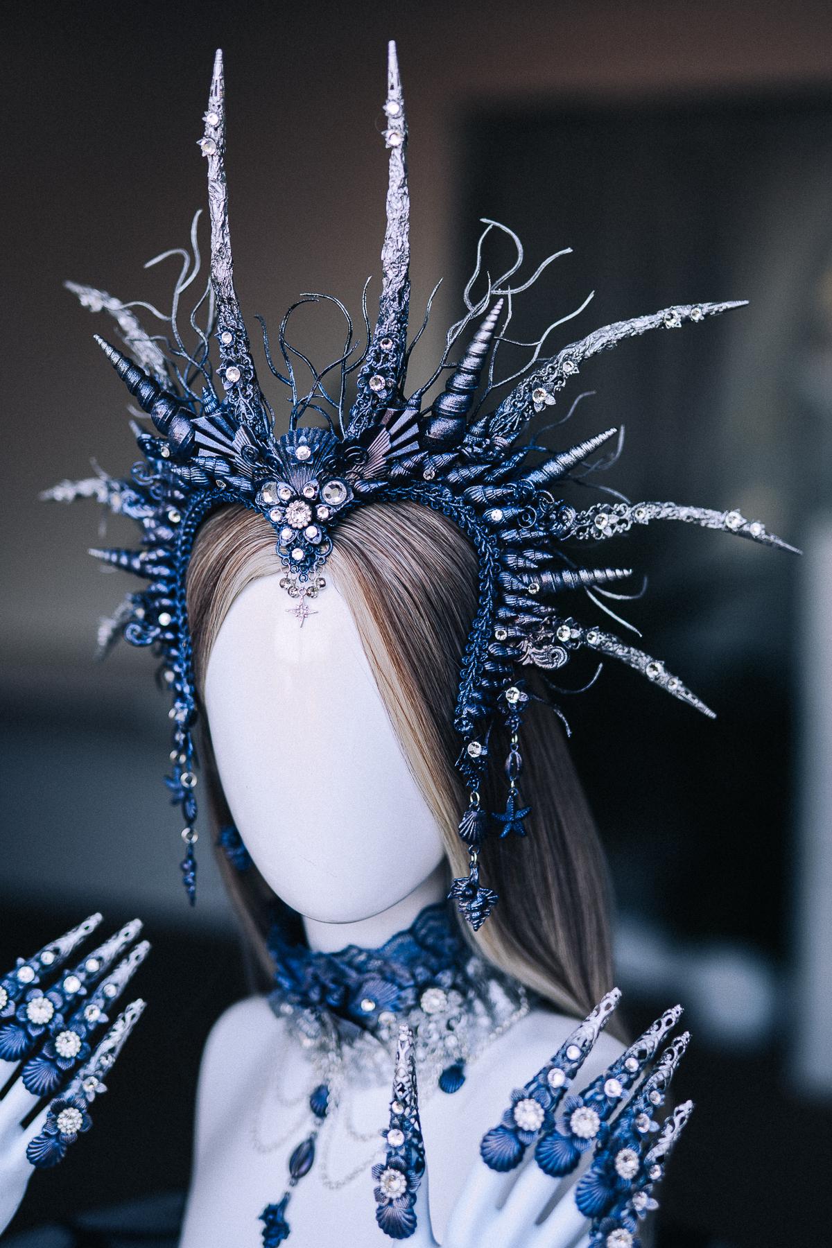 Dark Siren Headpiece, Mermaid Crown, Blue Silver Ocean Queen Headdress, Sea Witch Crown, Fantasy Mermaid Costume Headpiece