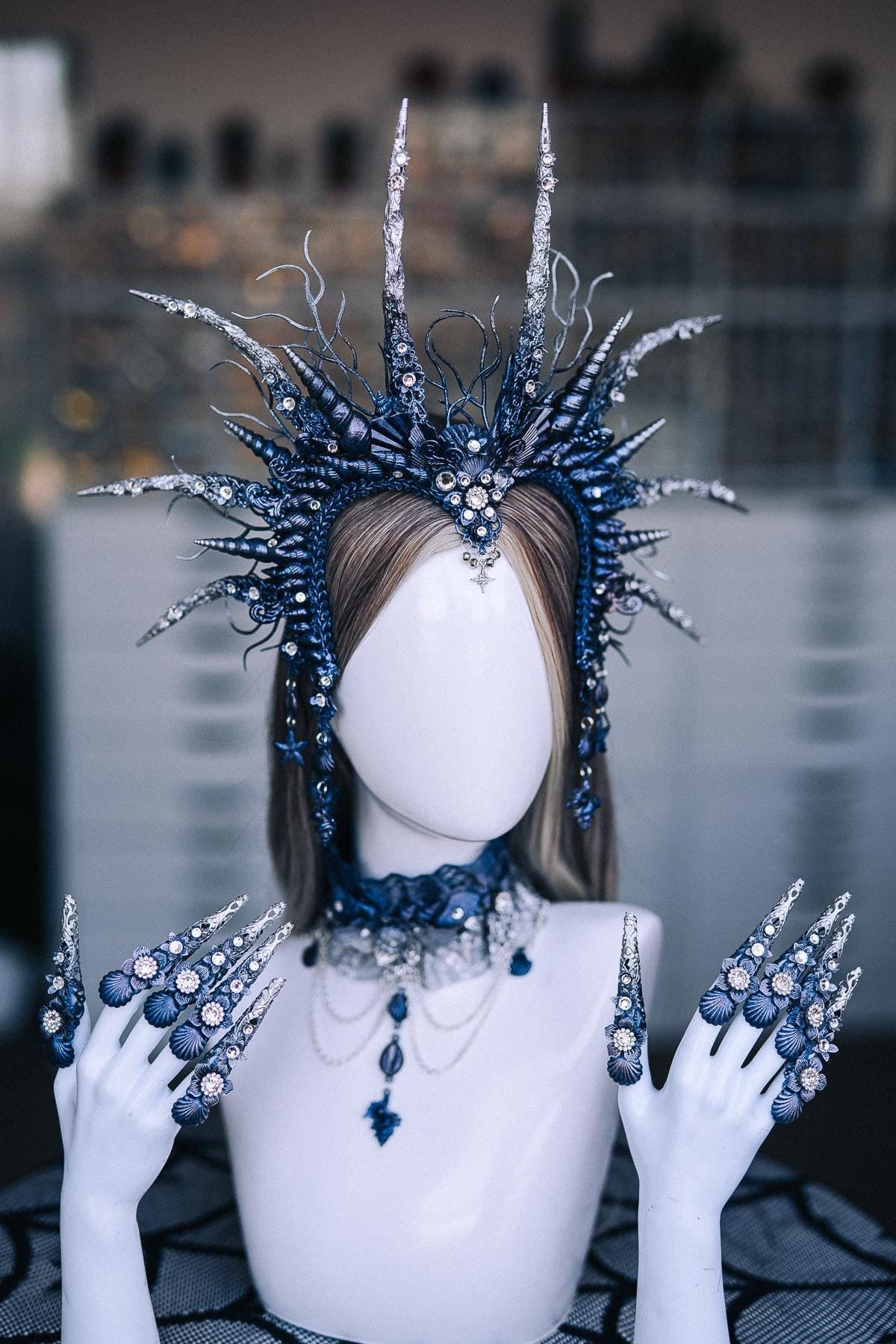 Dark Siren Headpiece, Mermaid Crown, Blue Silver Ocean Queen Headdress, Sea Witch Crown, Fantasy Mermaid Costume Headpiece