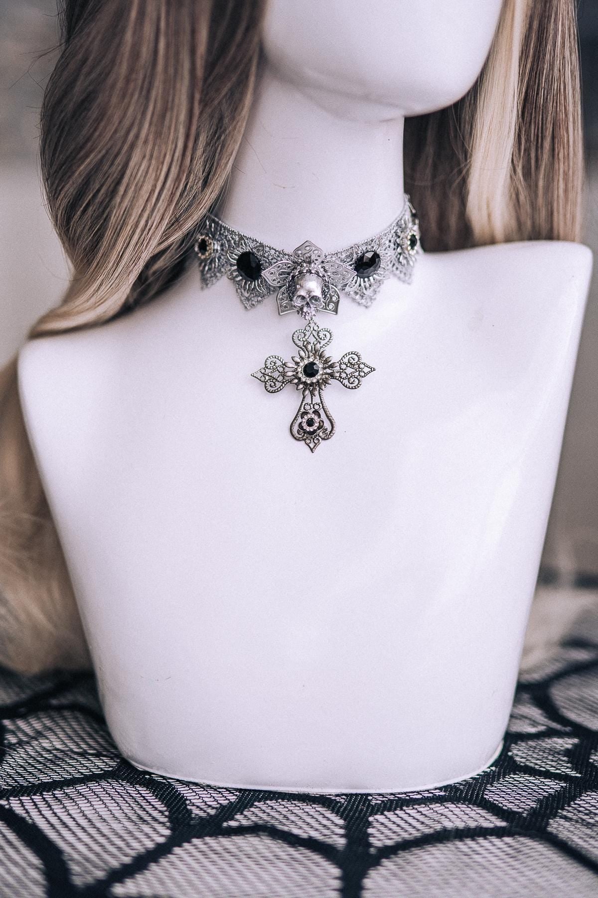 Fallen Angel Choker Necklace, Silver Black Gothic Collar with Cross Pendant