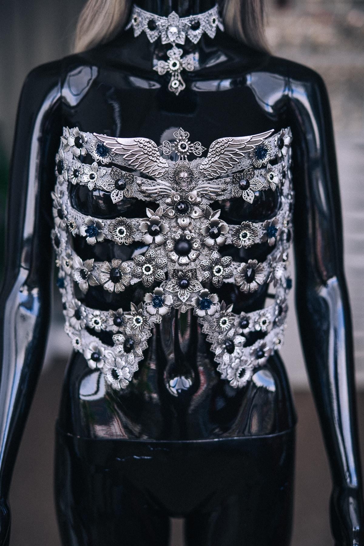 Fallen Angel Rib Cage Corset, Silver Gothic Body Armor, Dark Fantasy Halloween Costume